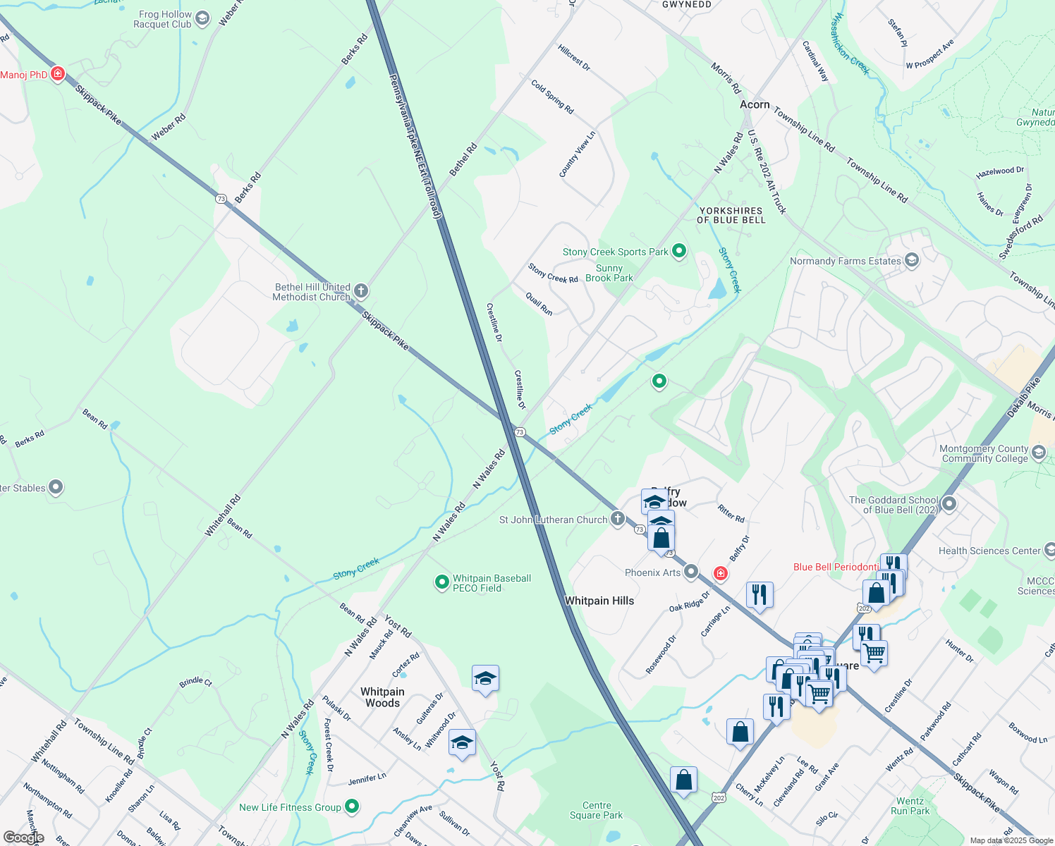 map of restaurants, bars, coffee shops, grocery stores, and more near 880 North Wales Road in Blue Bell