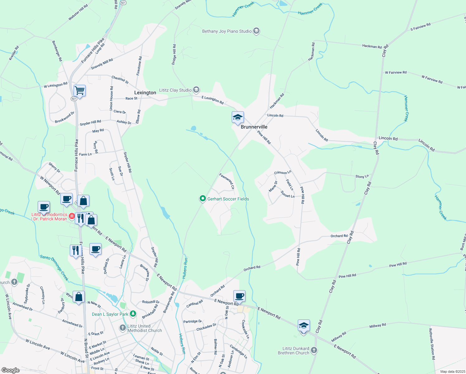 map of restaurants, bars, coffee shops, grocery stores, and more near 529 Fawnwood Circle in Lititz