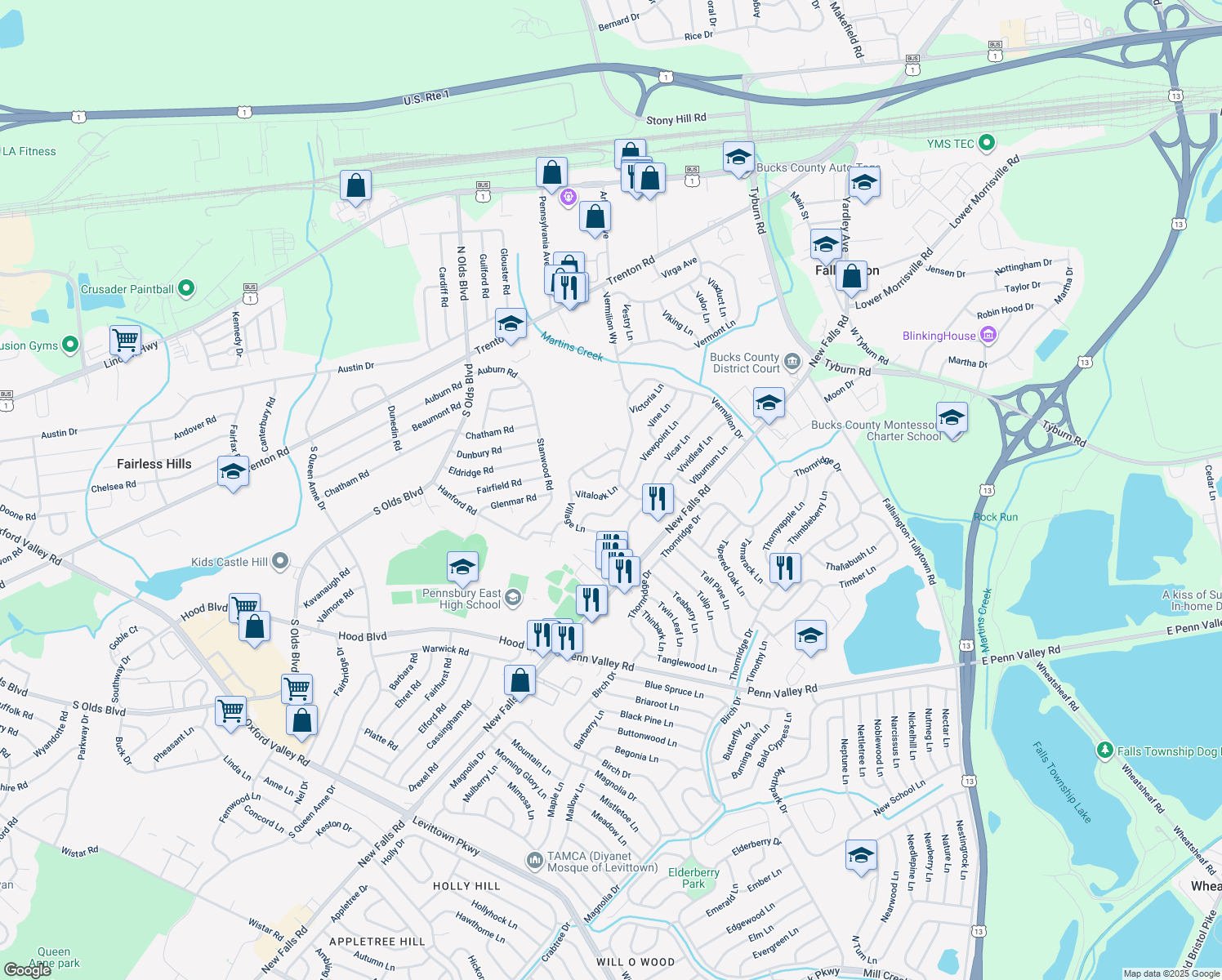 map of restaurants, bars, coffee shops, grocery stores, and more near 29 Vitaloak Ln in Levittown