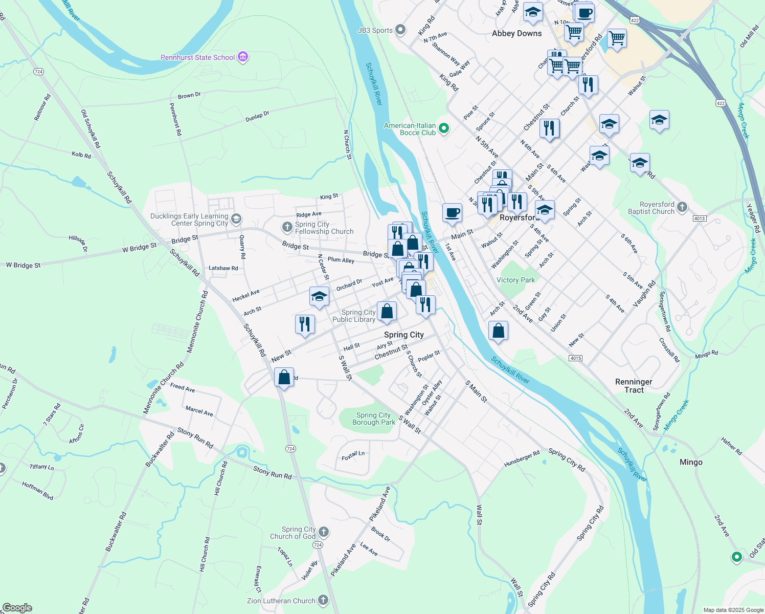 map of restaurants, bars, coffee shops, grocery stores, and more near 222 New Street in Spring City