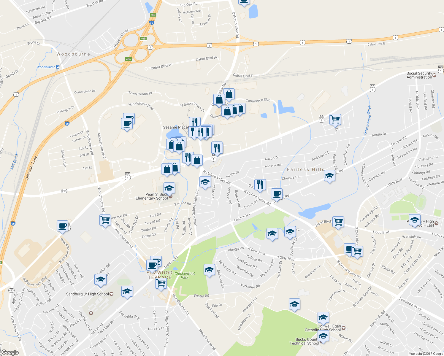 map of restaurants, bars, coffee shops, grocery stores, and more near 300 North Oxford Valley Road in Fairless Hills