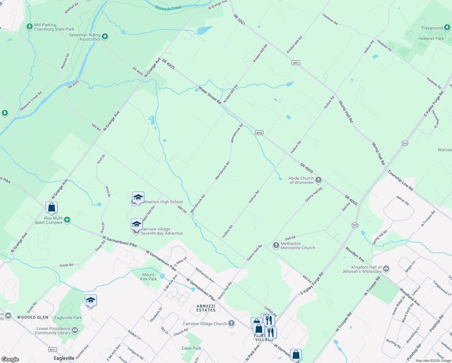 map of restaurants, bars, coffee shops, grocery stores, and more near 1214 Merrybrook Road in Collegeville