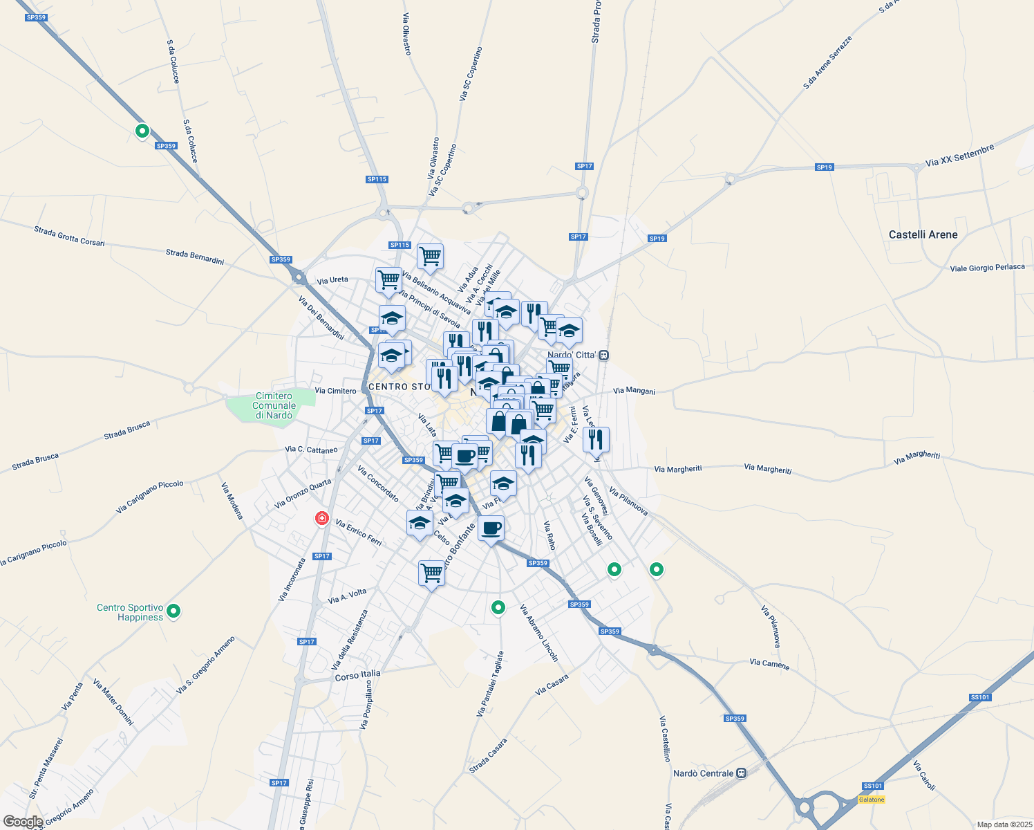 map of restaurants, bars, coffee shops, grocery stores, and more near 16 Via Generale Cantore in Nardò