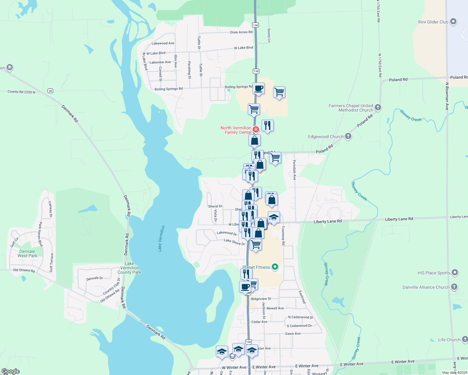 map of restaurants, bars, coffee shops, grocery stores, and more near 299 Oak Hill Drive in Danville