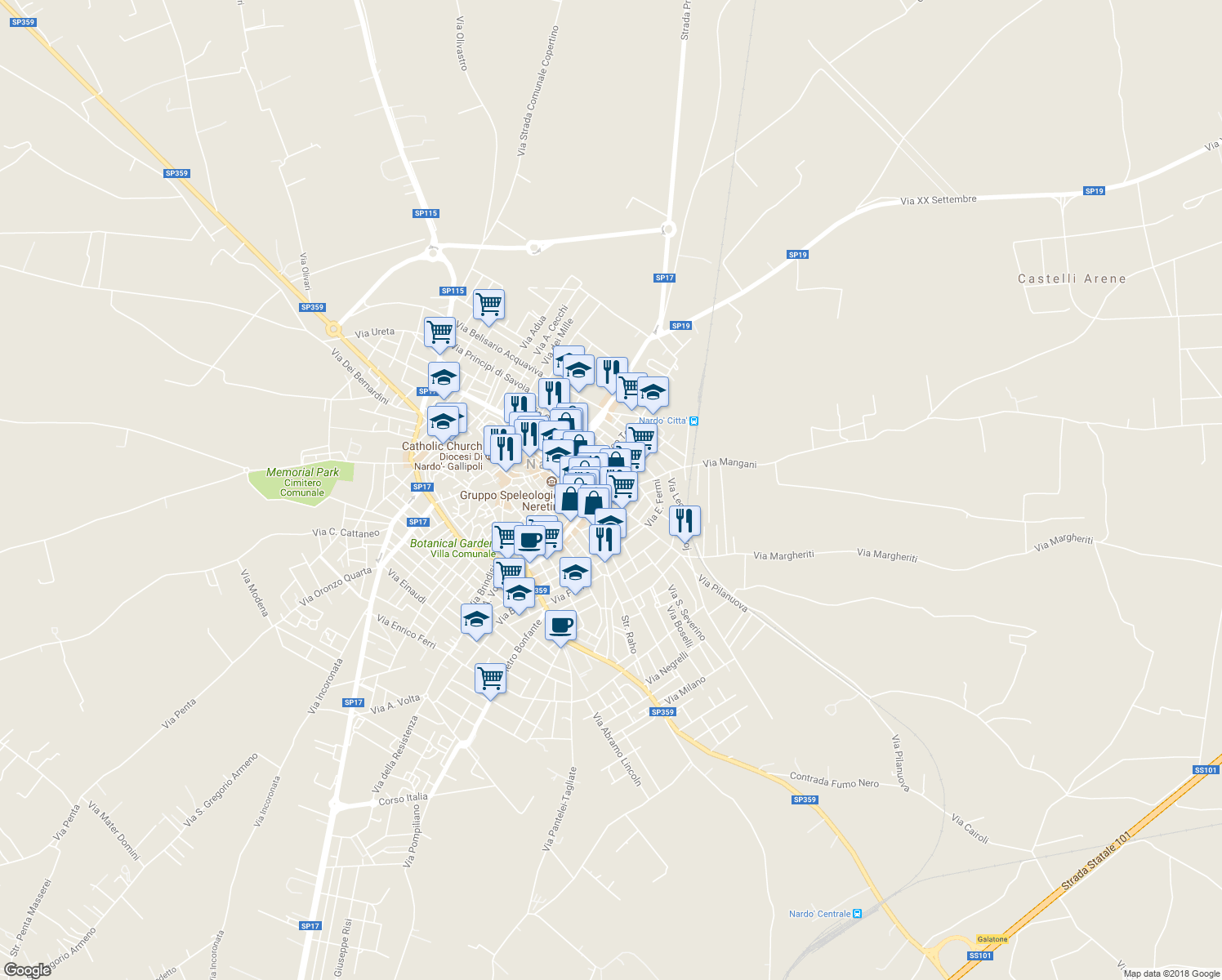 map of restaurants, bars, coffee shops, grocery stores, and more near 16 Via Generale Cantore in Nardò