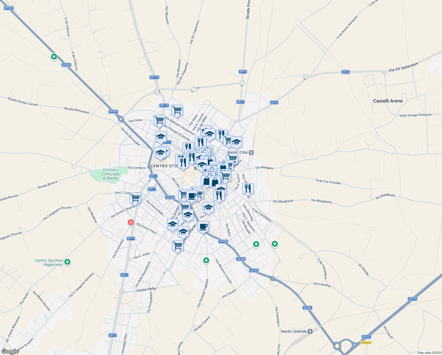map of restaurants, bars, coffee shops, grocery stores, and more near 16 Via Generale Cantore in Nardò