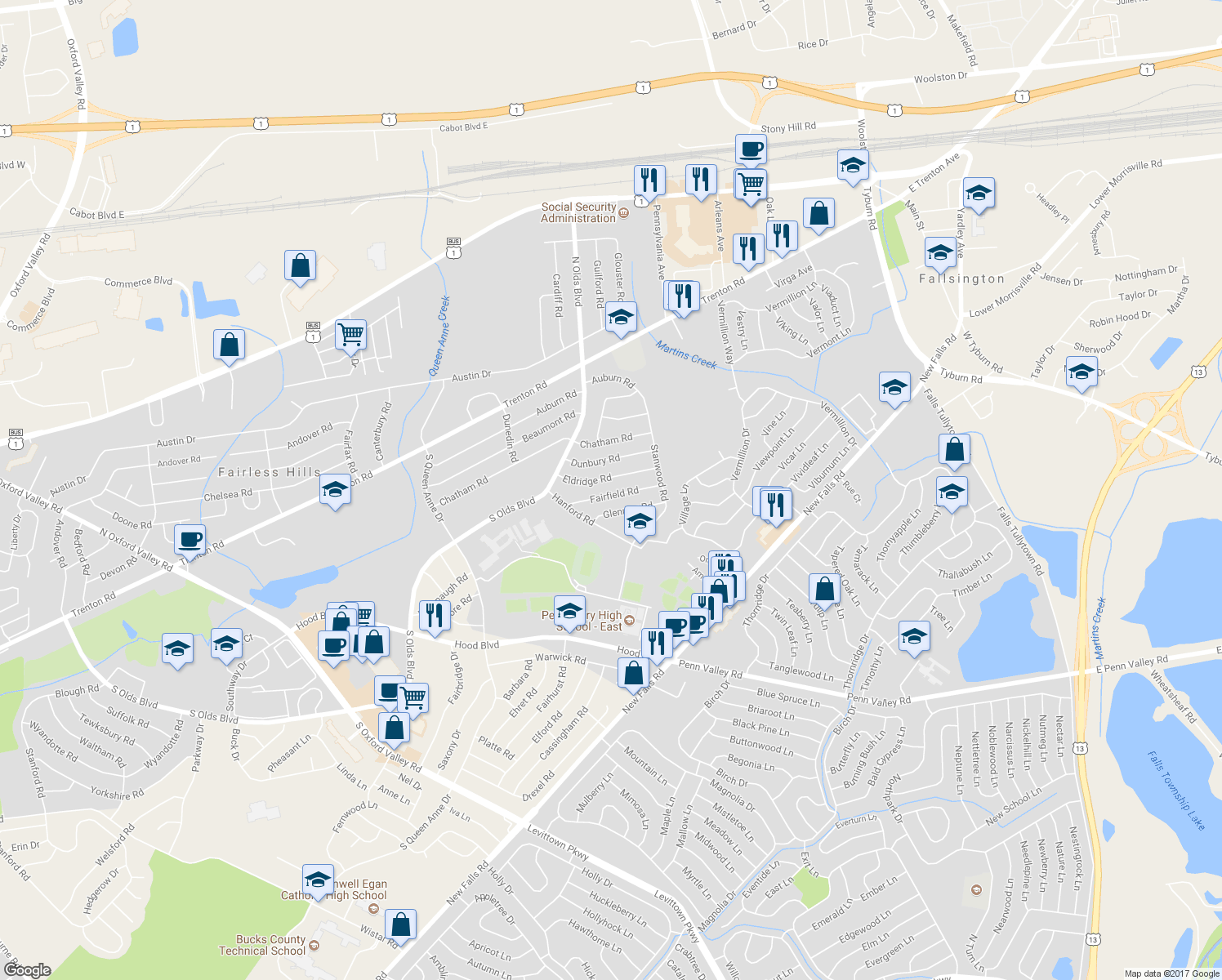 map of restaurants, bars, coffee shops, grocery stores, and more near 821 Fairfield Road in Fairless Hills