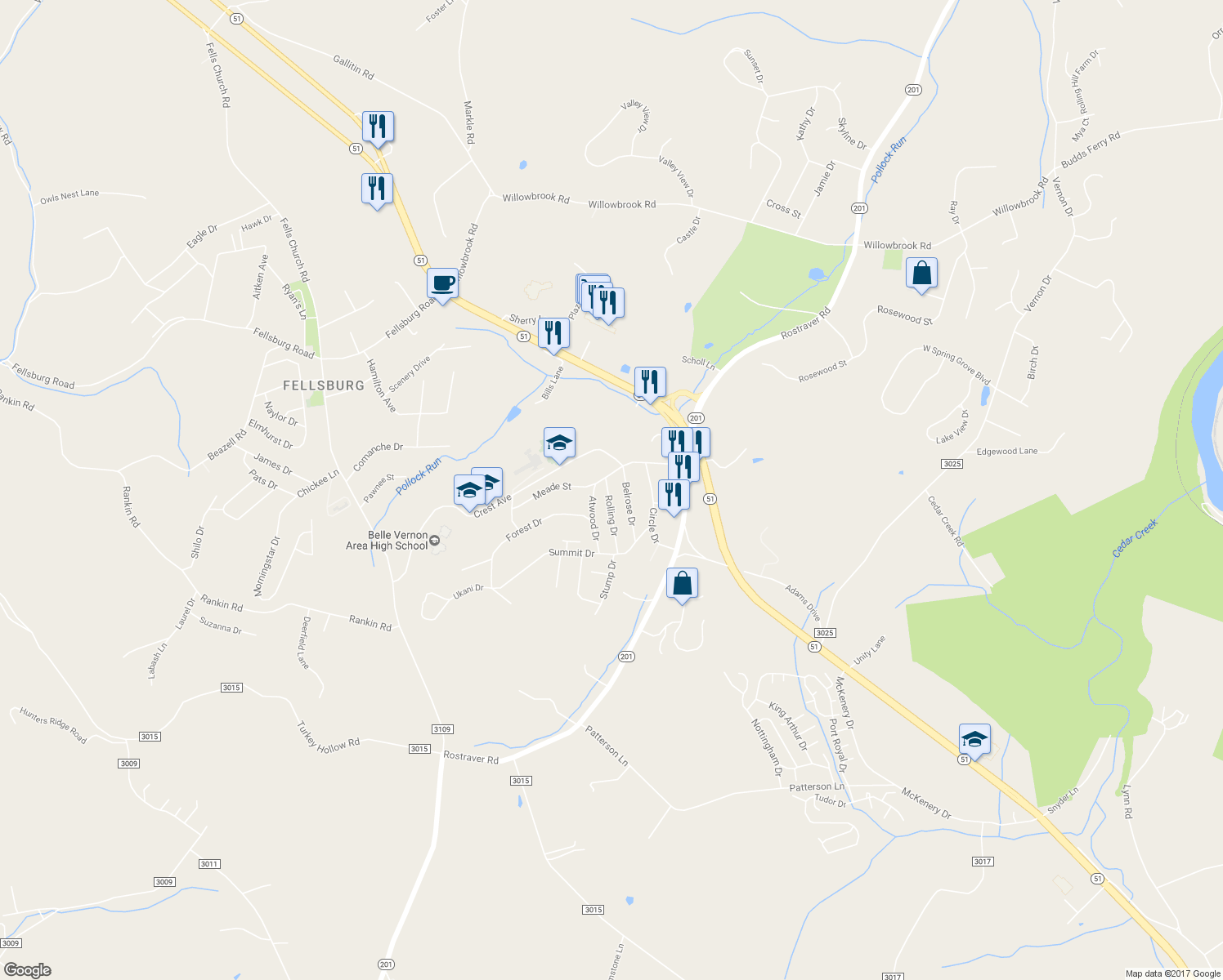 map of restaurants, bars, coffee shops, grocery stores, and more near 305 Rolling Drive in Belle Vernon