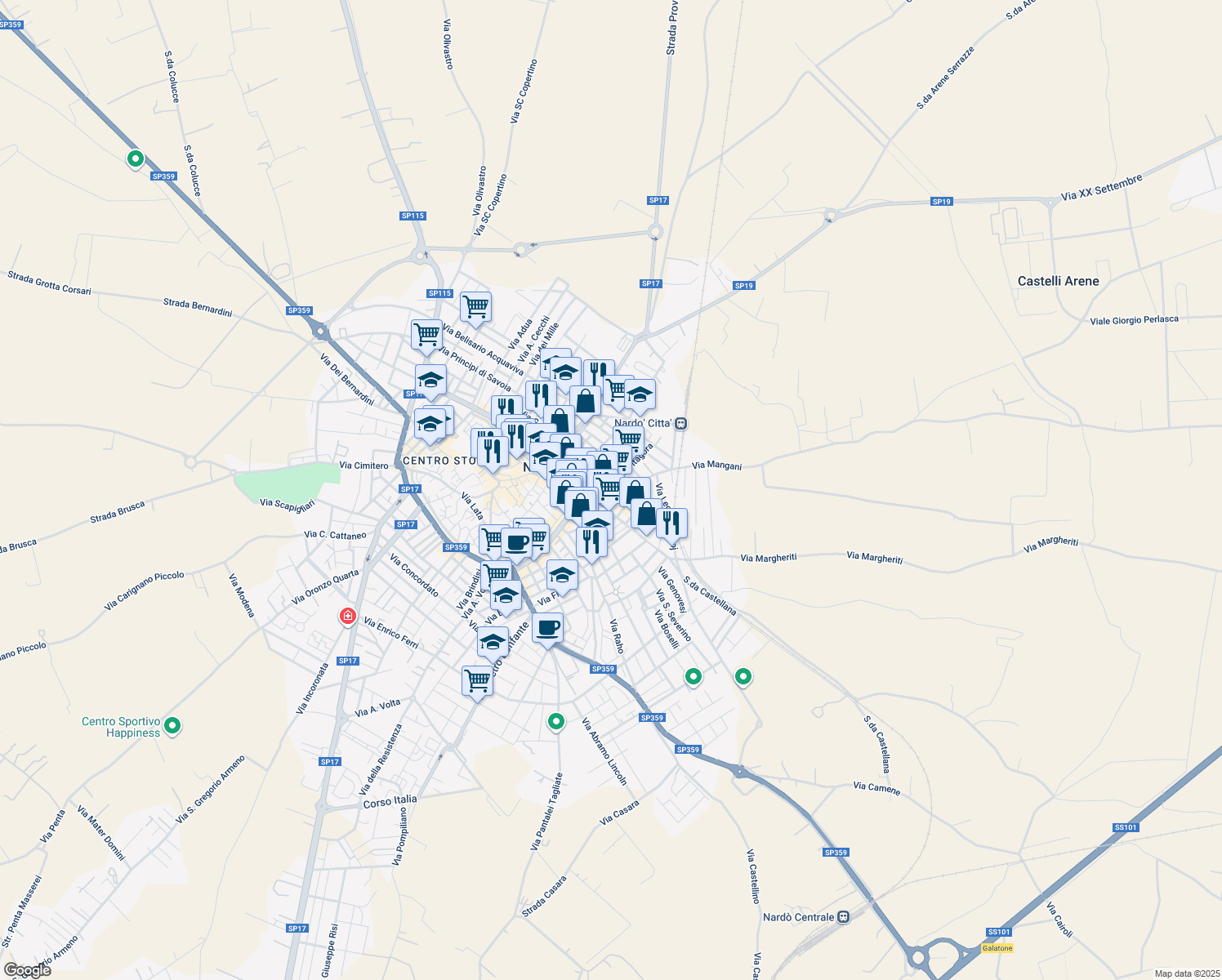 map of restaurants, bars, coffee shops, grocery stores, and more near 56 Via Leonardo Da Vinci in Nardò