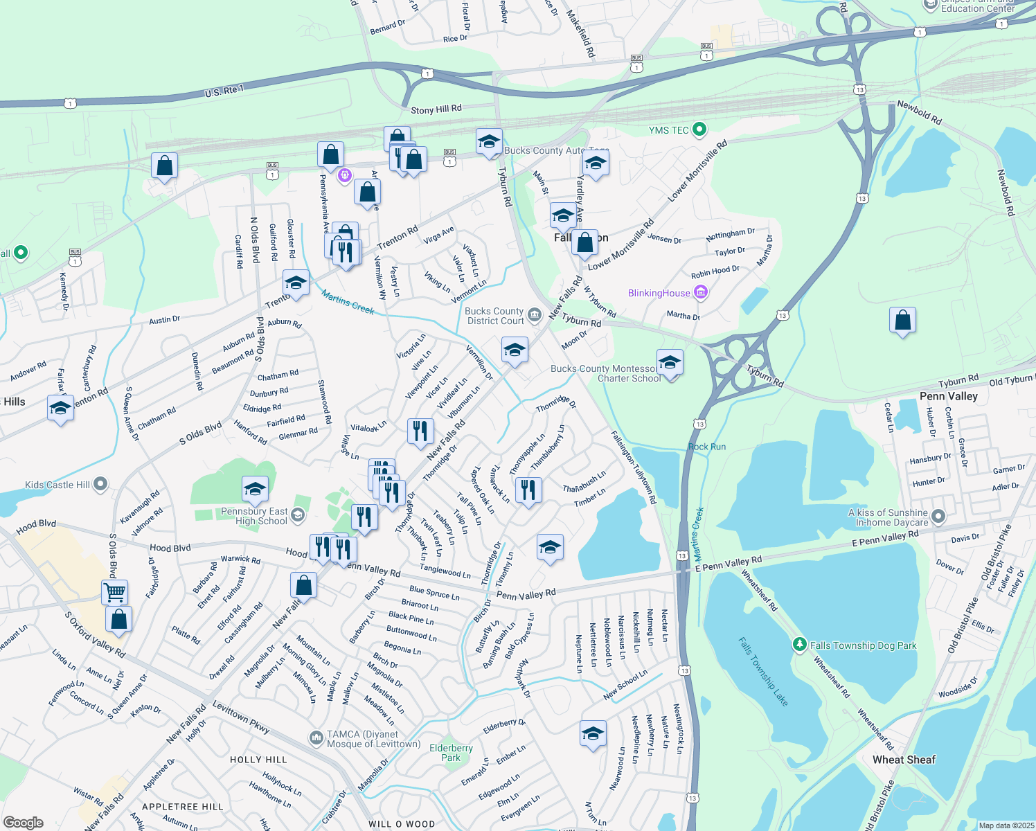 map of restaurants, bars, coffee shops, grocery stores, and more near 5 Thornridge Way in Levittown