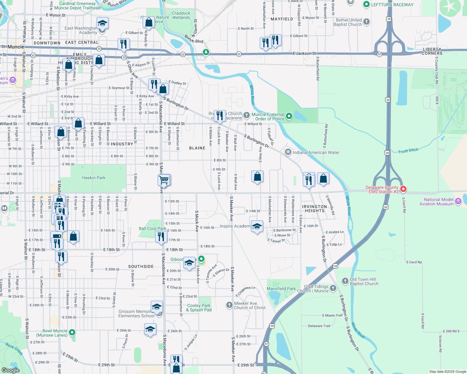 map of restaurants, bars, coffee shops, grocery stores, and more near 1807 South Wall Avenue in Muncie