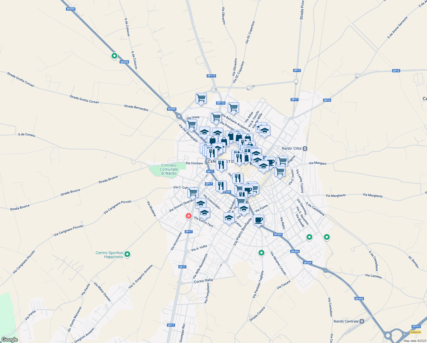 map of restaurants, bars, coffee shops, grocery stores, and more near 52 Via Pozzoloianni in Nardò