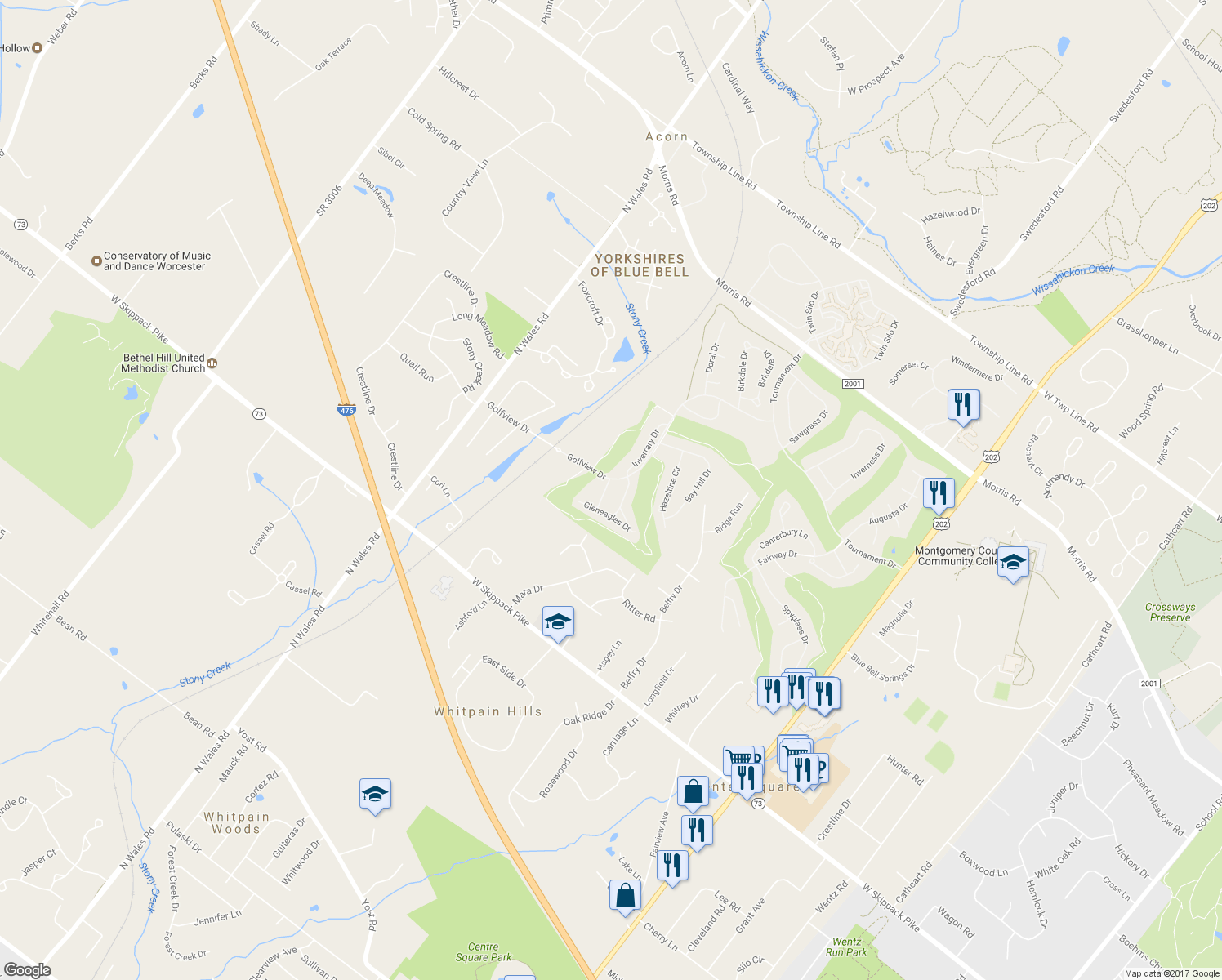 map of restaurants, bars, coffee shops, grocery stores, and more near 107 Shoal Creek Dr in Blue Bell