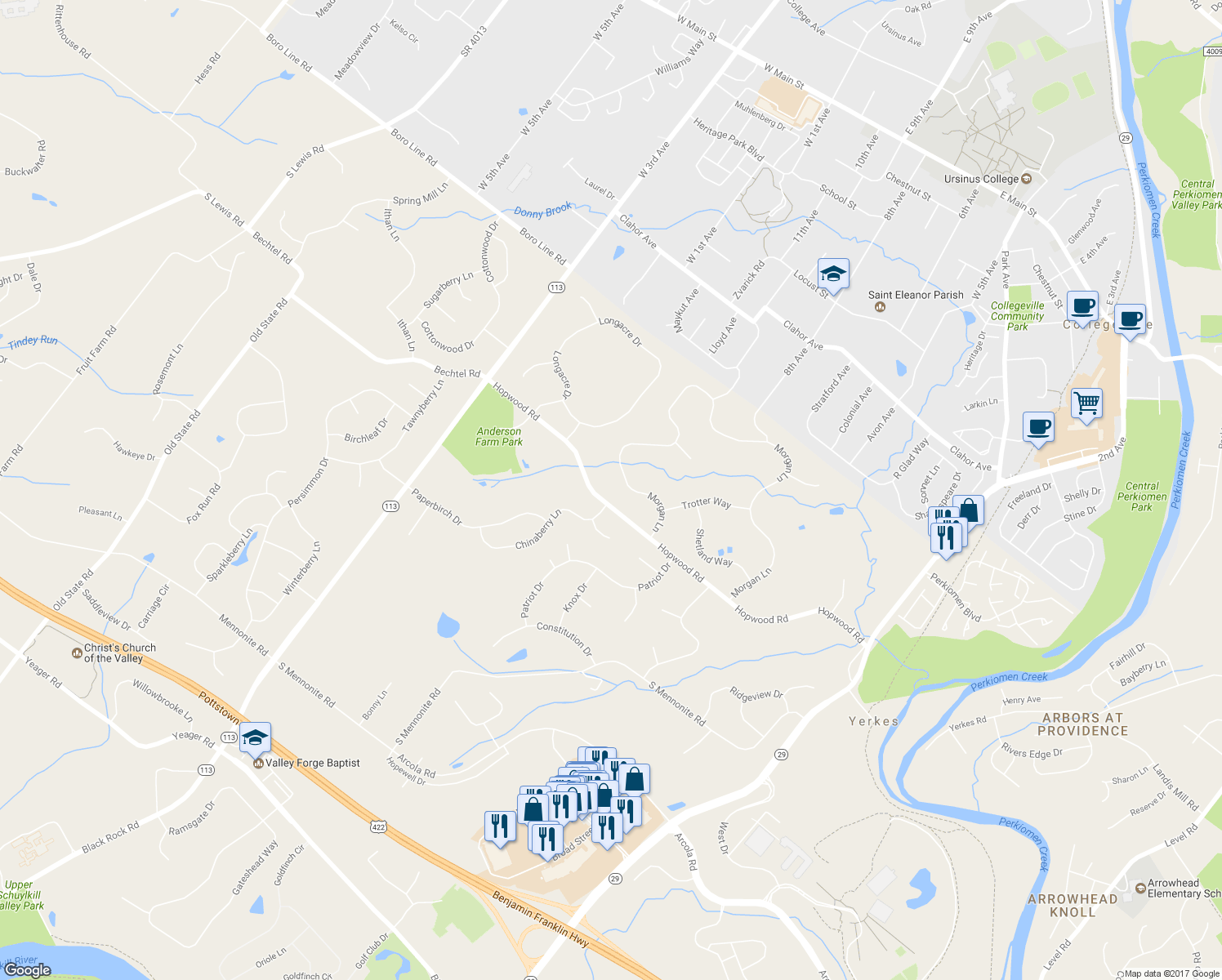 map of restaurants, bars, coffee shops, grocery stores, and more near 1838 Morgan Lane in Collegeville