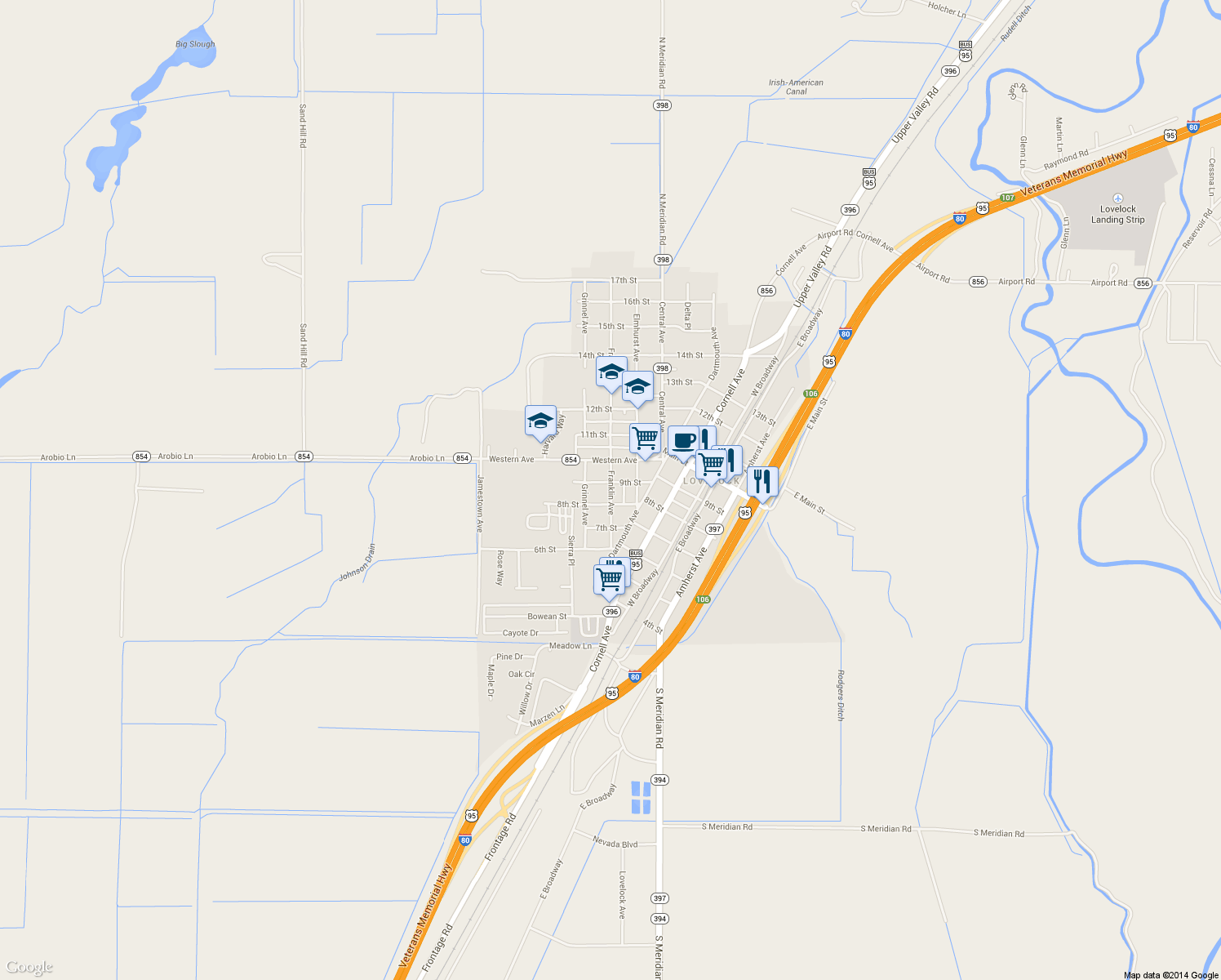 map of restaurants, bars, coffee shops, grocery stores, and more near 865 Franklin Avenue in Lovelock