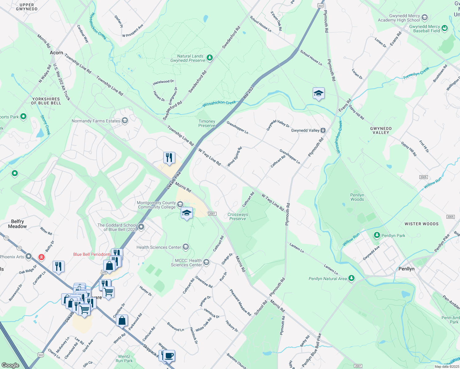 map of restaurants, bars, coffee shops, grocery stores, and more near 125 Brittany Way in Blue Bell