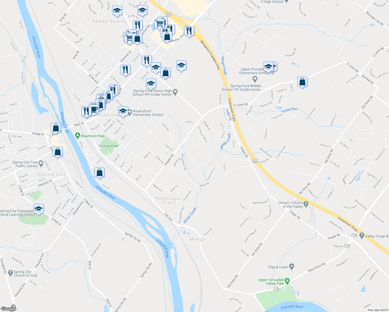map of restaurants, bars, coffee shops, grocery stores, and more near 3 Roboda Boulevard in Royersford