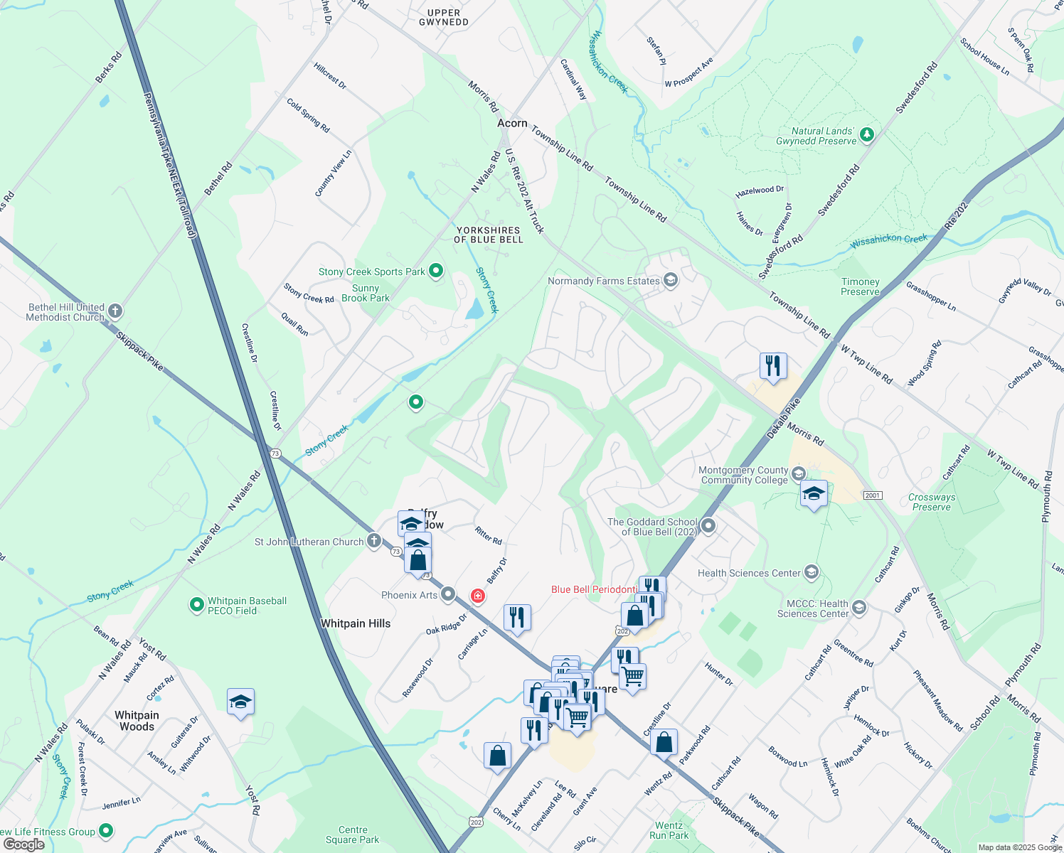 map of restaurants, bars, coffee shops, grocery stores, and more near 130 Bay Hill Dr in Blue Bell