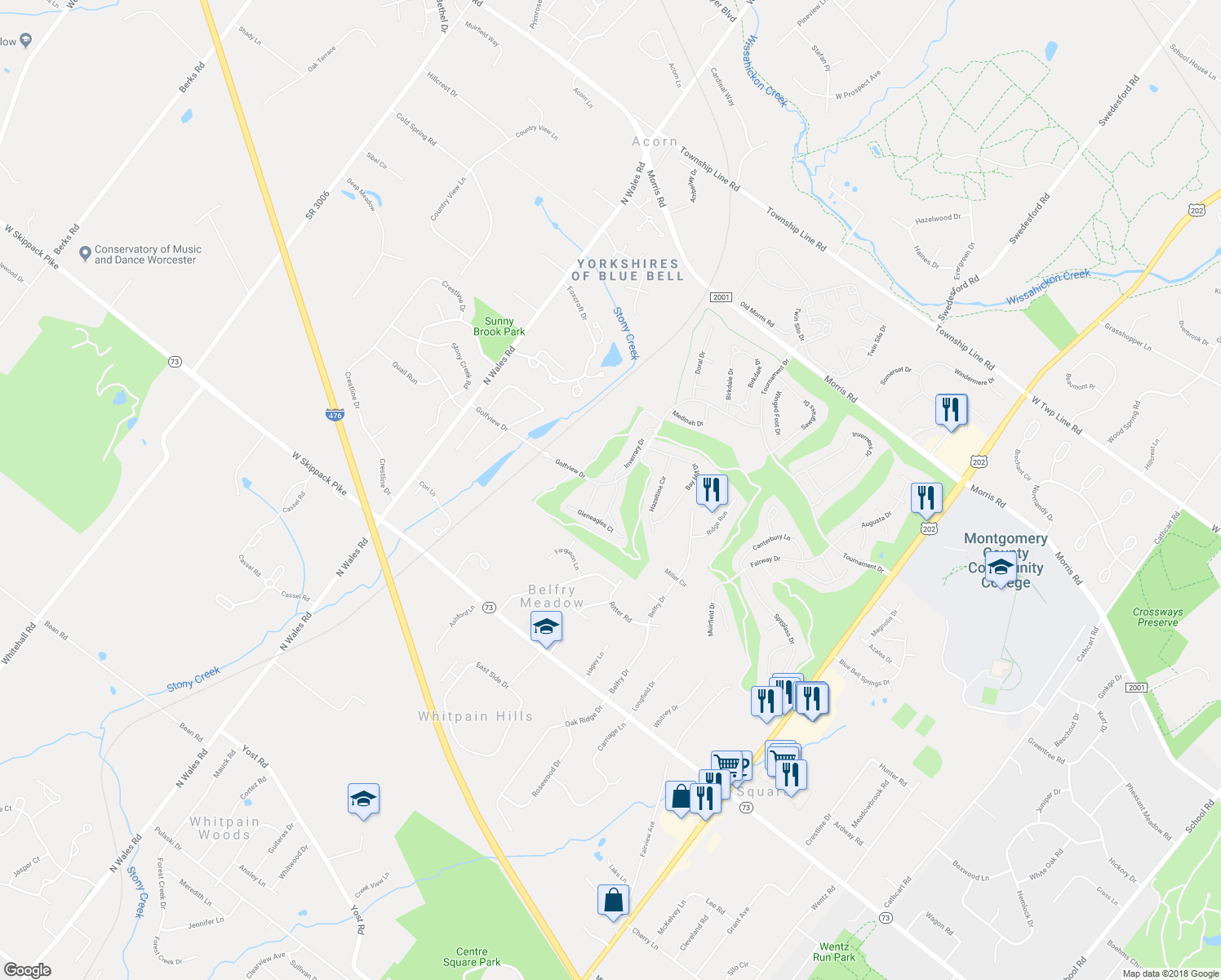 map of restaurants, bars, coffee shops, grocery stores, and more near 110 Gleneagles Drive in Blue Bell