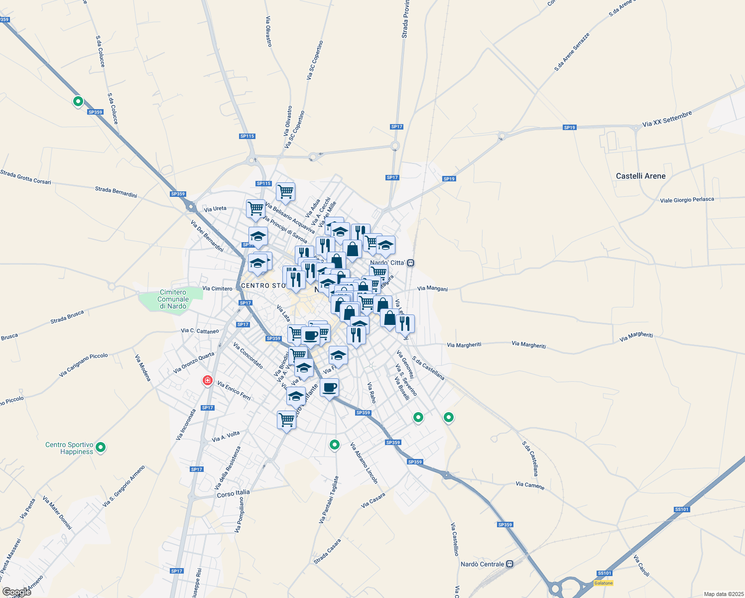 map of restaurants, bars, coffee shops, grocery stores, and more near 56 Via Leonardo Da Vinci in Nardò