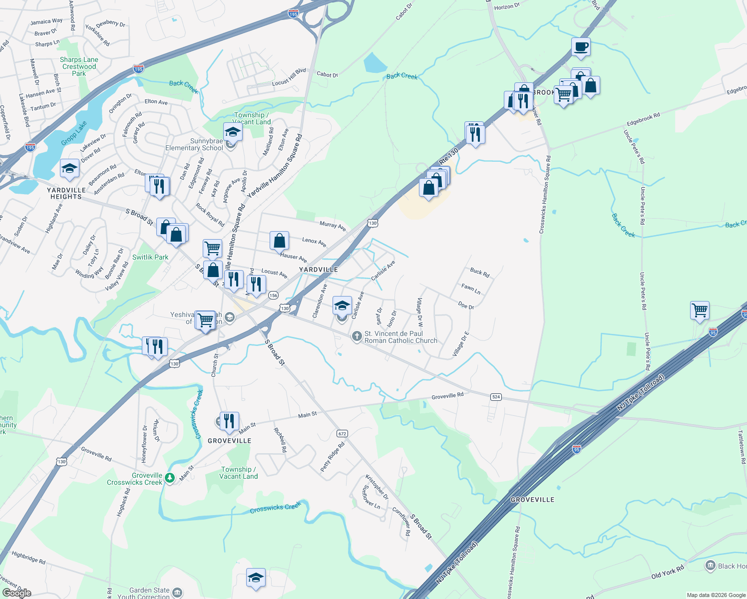 map of restaurants, bars, coffee shops, grocery stores, and more near 605 Woodside Avenue in Hamilton Township