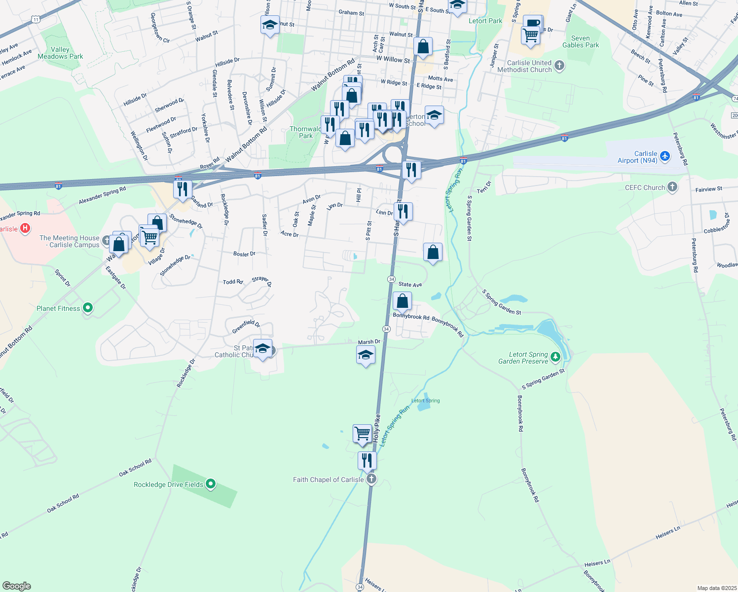 map of restaurants, bars, coffee shops, grocery stores, and more near 1252 Holly Pike in Carlisle