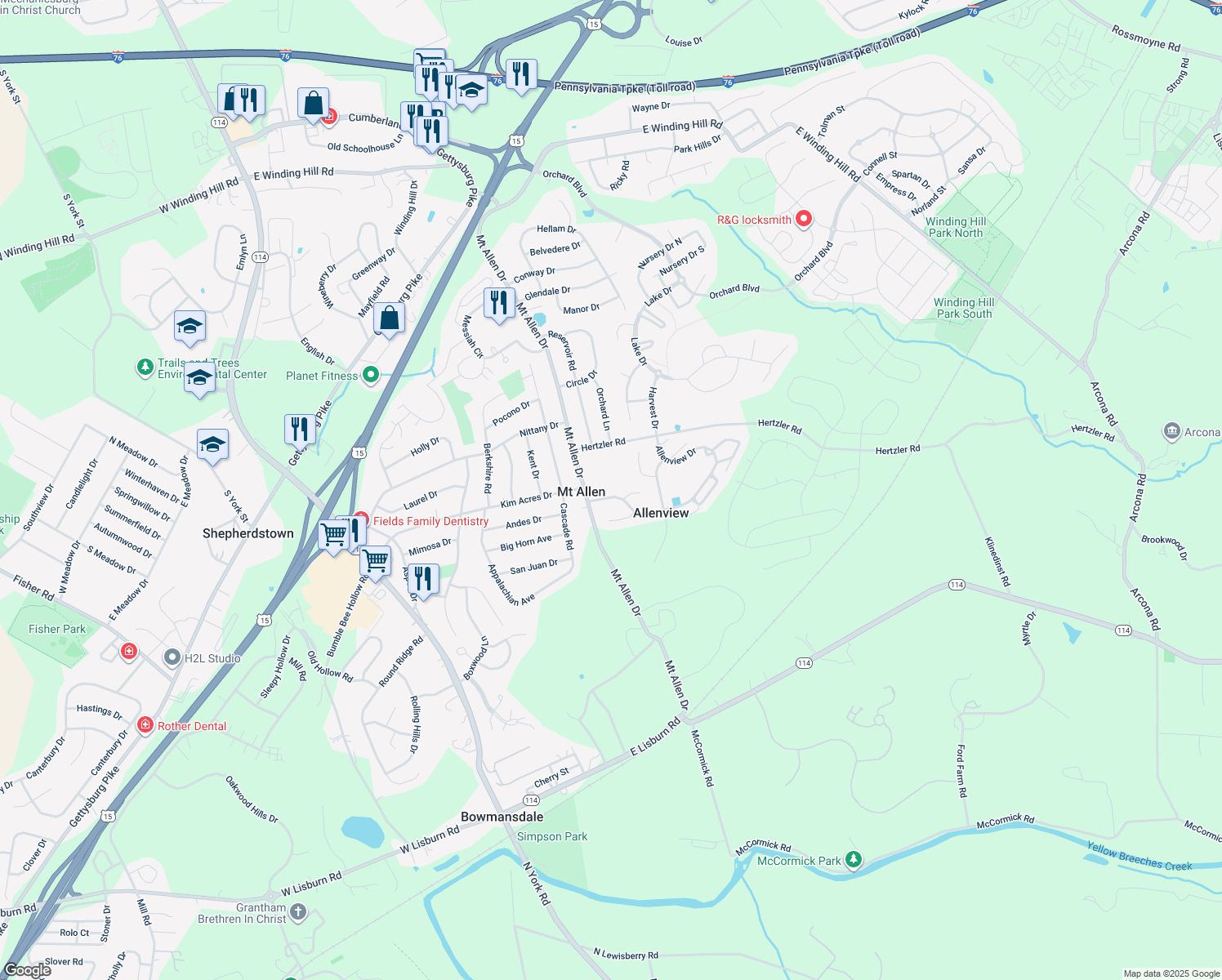 map of restaurants, bars, coffee shops, grocery stores, and more near 307 Allenview Drive in Mechanicsburg