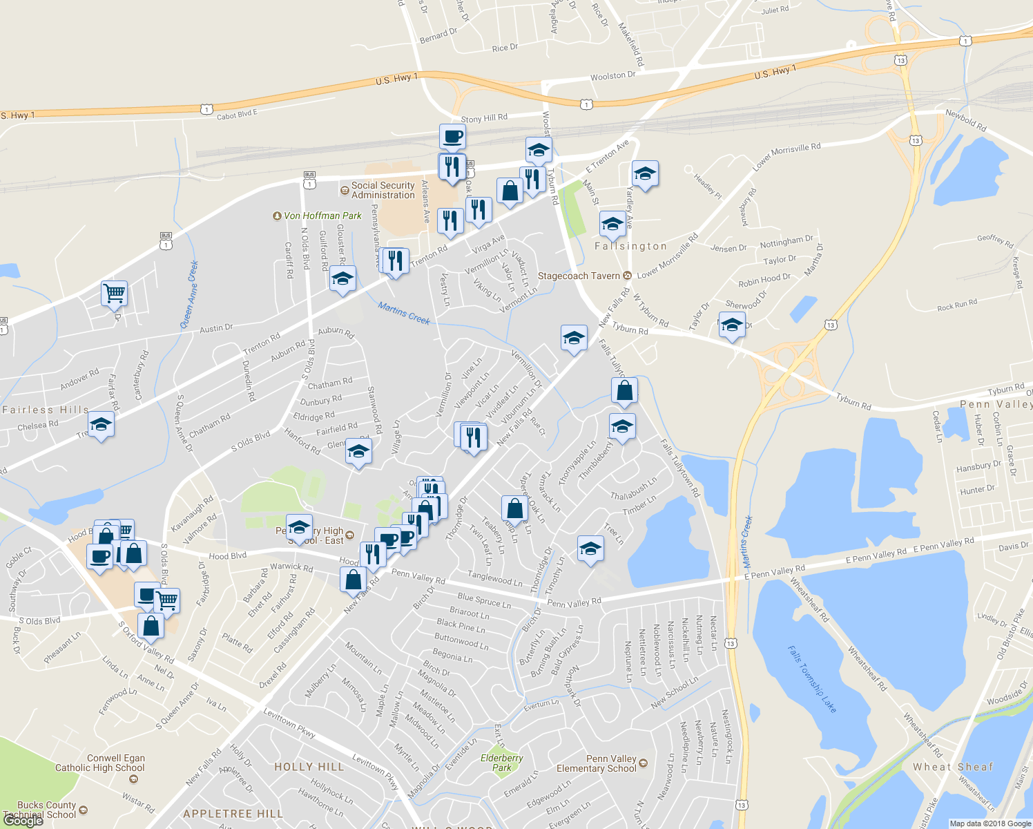map of restaurants, bars, coffee shops, grocery stores, and more near 26 Viburnum Lane in Levittown