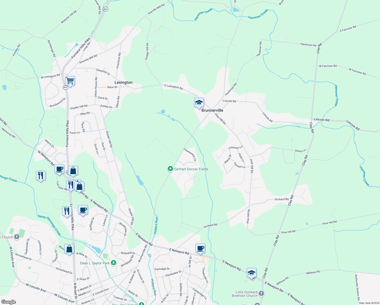 map of restaurants, bars, coffee shops, grocery stores, and more near 518 Fawnwood Circle in Lititz