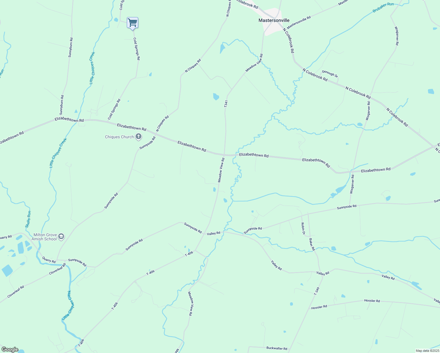 map of restaurants, bars, coffee shops, grocery stores, and more near 2881 Meadow View Road in Manheim