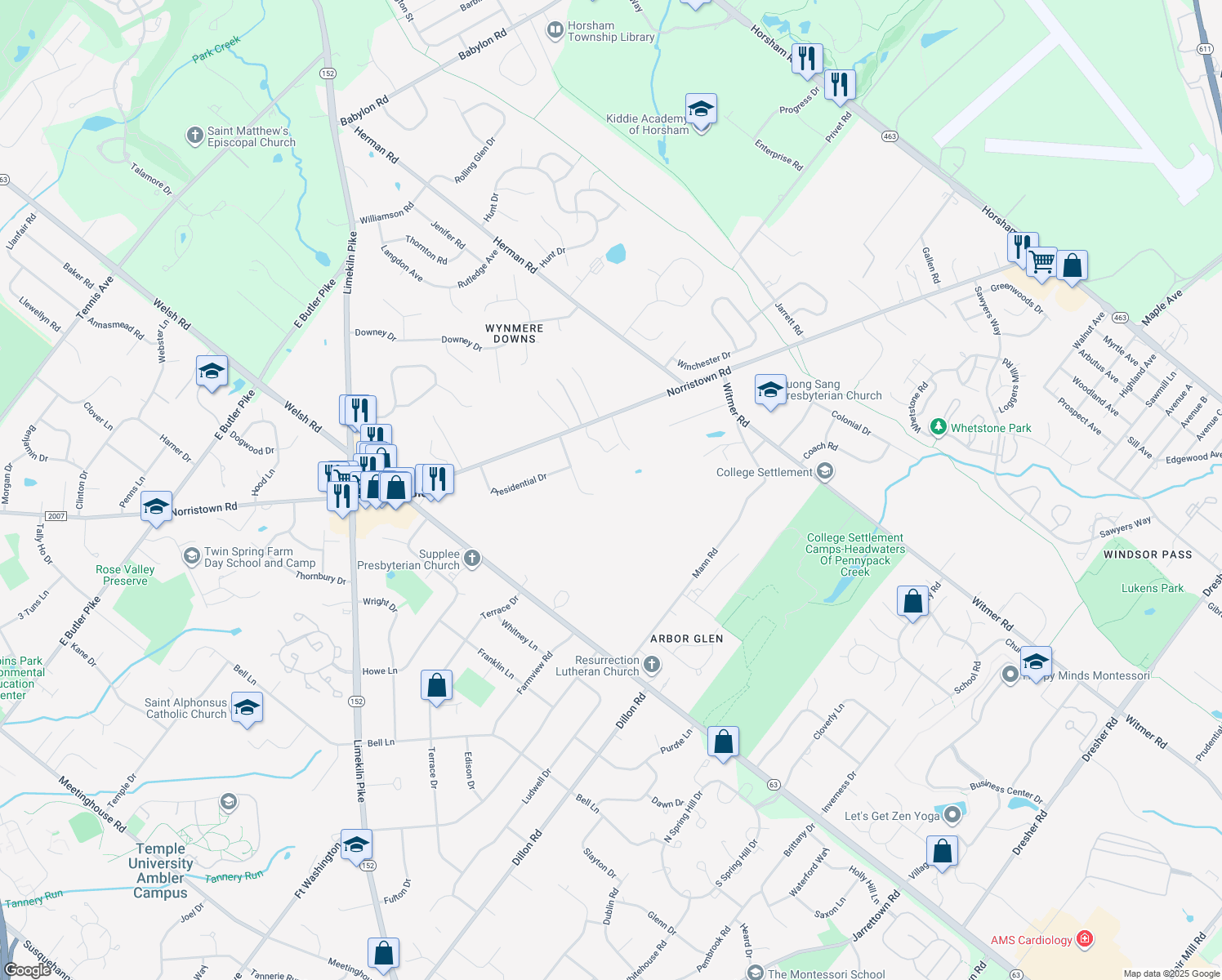 map of restaurants, bars, coffee shops, grocery stores, and more near 637 Roosevelt Dr in Horsham