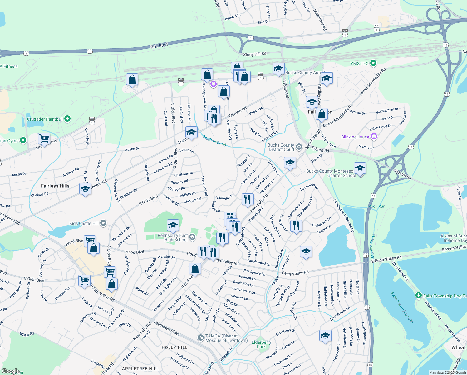 map of restaurants, bars, coffee shops, grocery stores, and more near 70 Vermillion Drive in Levittown