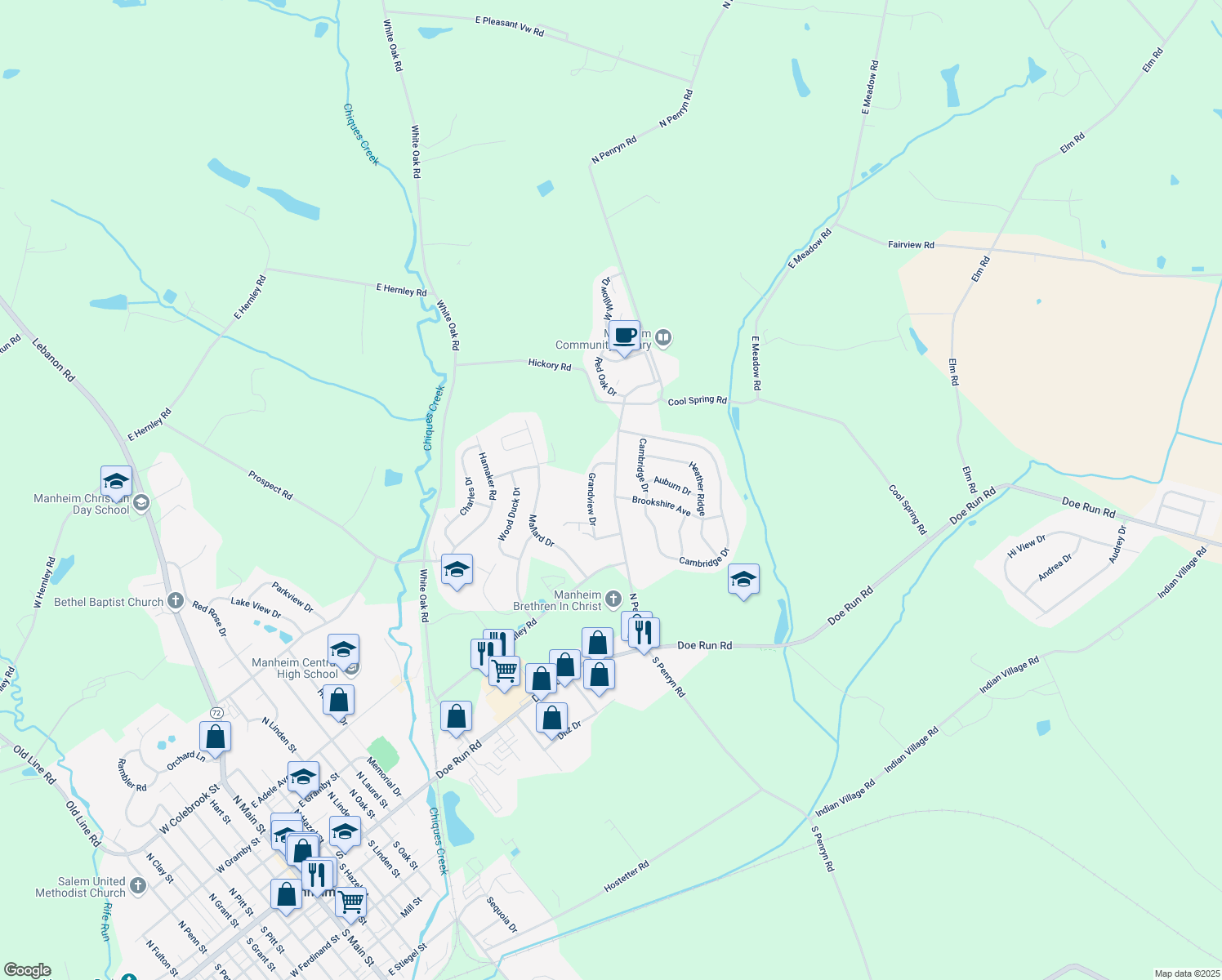 map of restaurants, bars, coffee shops, grocery stores, and more near 260 North Penryn Road in Manheim