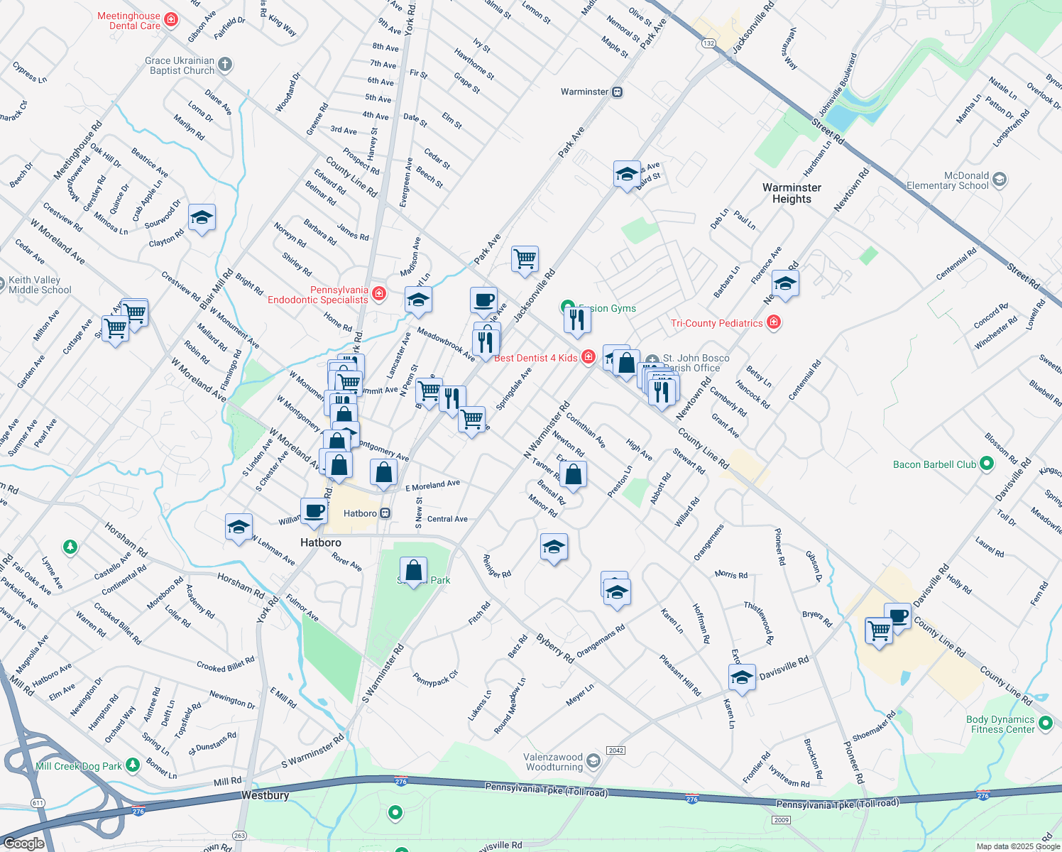 map of restaurants, bars, coffee shops, grocery stores, and more near 355 Pershing Avenue in Hatboro