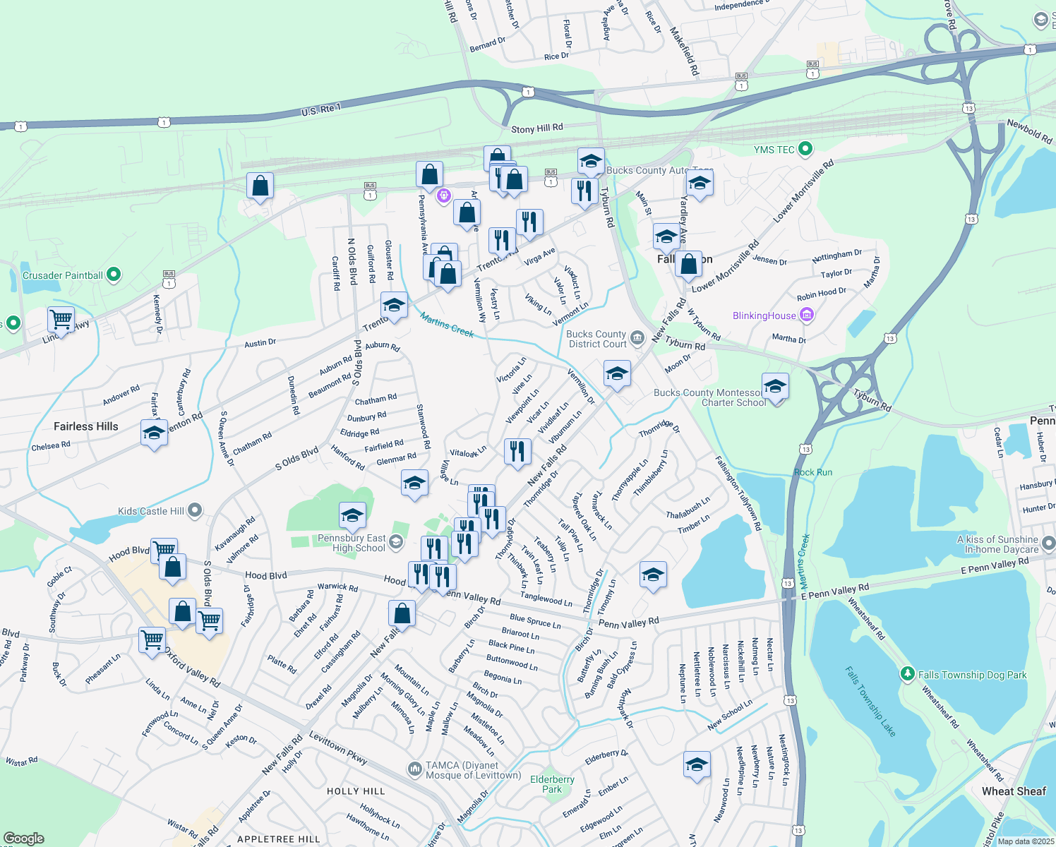 map of restaurants, bars, coffee shops, grocery stores, and more near 30 Vicar Lane in Levittown