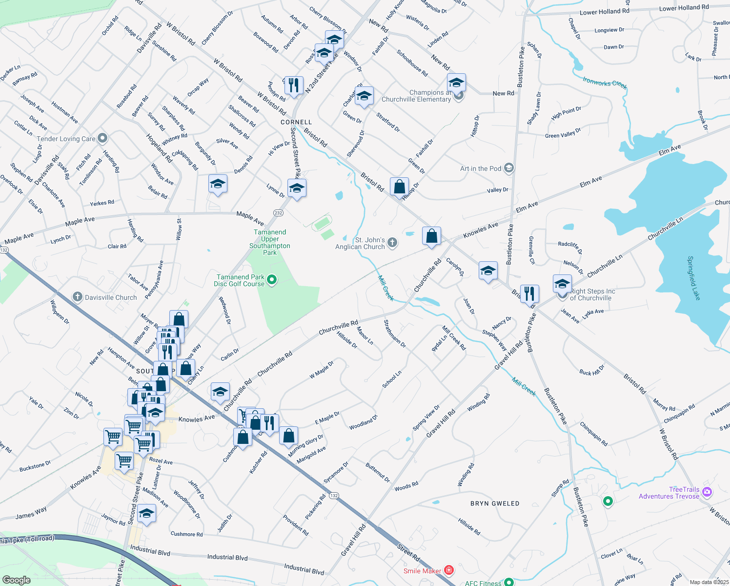 map of restaurants, bars, coffee shops, grocery stores, and more near 1140 Strathmann Drive in Southampton