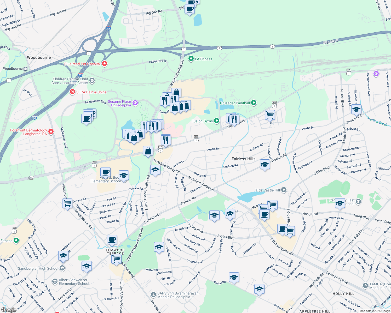 map of restaurants, bars, coffee shops, grocery stores, and more near 239 Andover Road in Fairless Hills