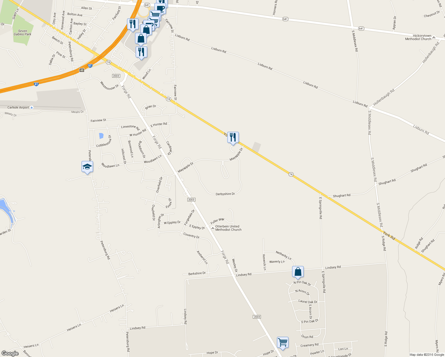 map of restaurants, bars, coffee shops, grocery stores, and more near 29 Kitszell Drive in Carlisle