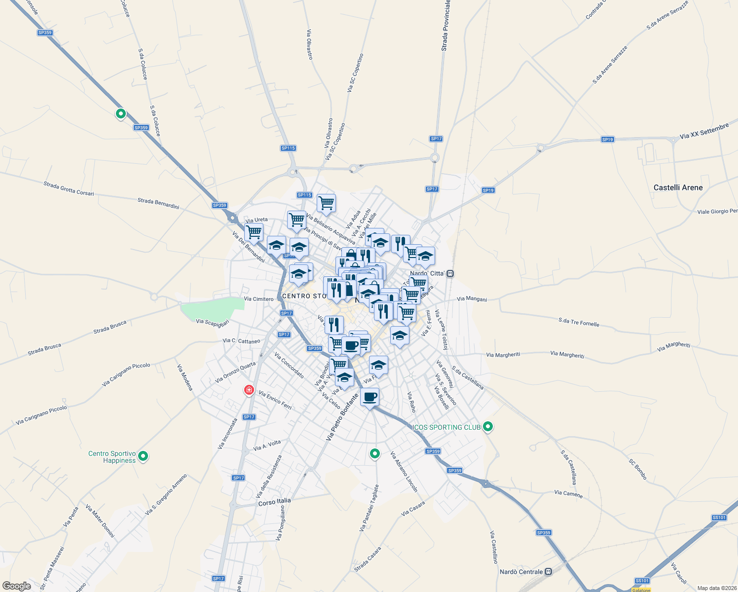 map of restaurants, bars, coffee shops, grocery stores, and more near in Nardò