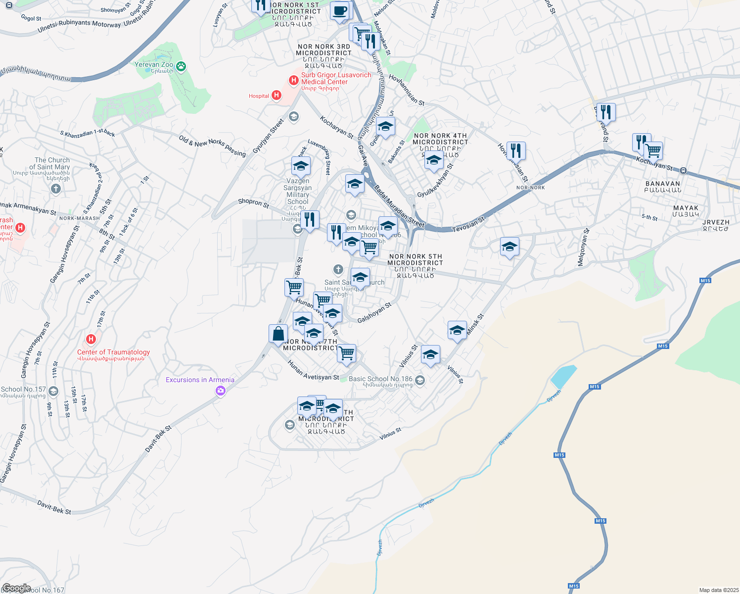 map of restaurants, bars, coffee shops, grocery stores, and more near 22 Galshoyan Street in Yerevan