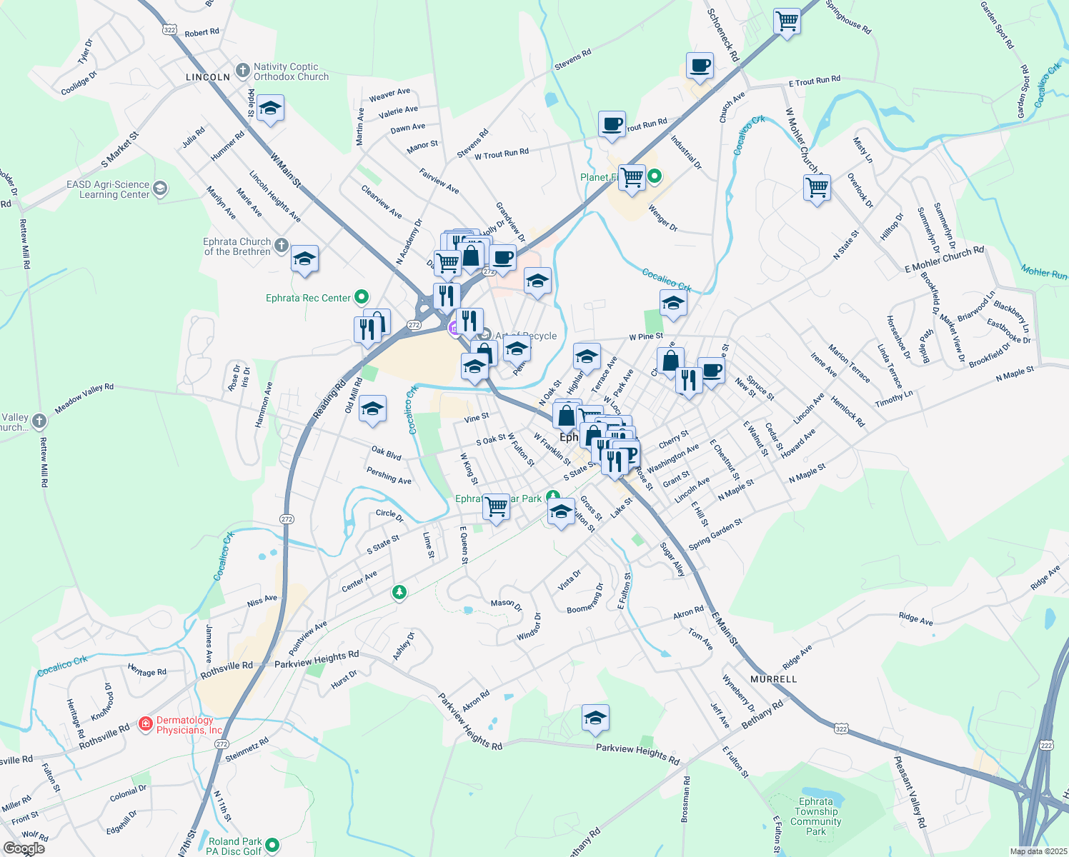 map of restaurants, bars, coffee shops, grocery stores, and more near 241 West Franklin Street in Ephrata