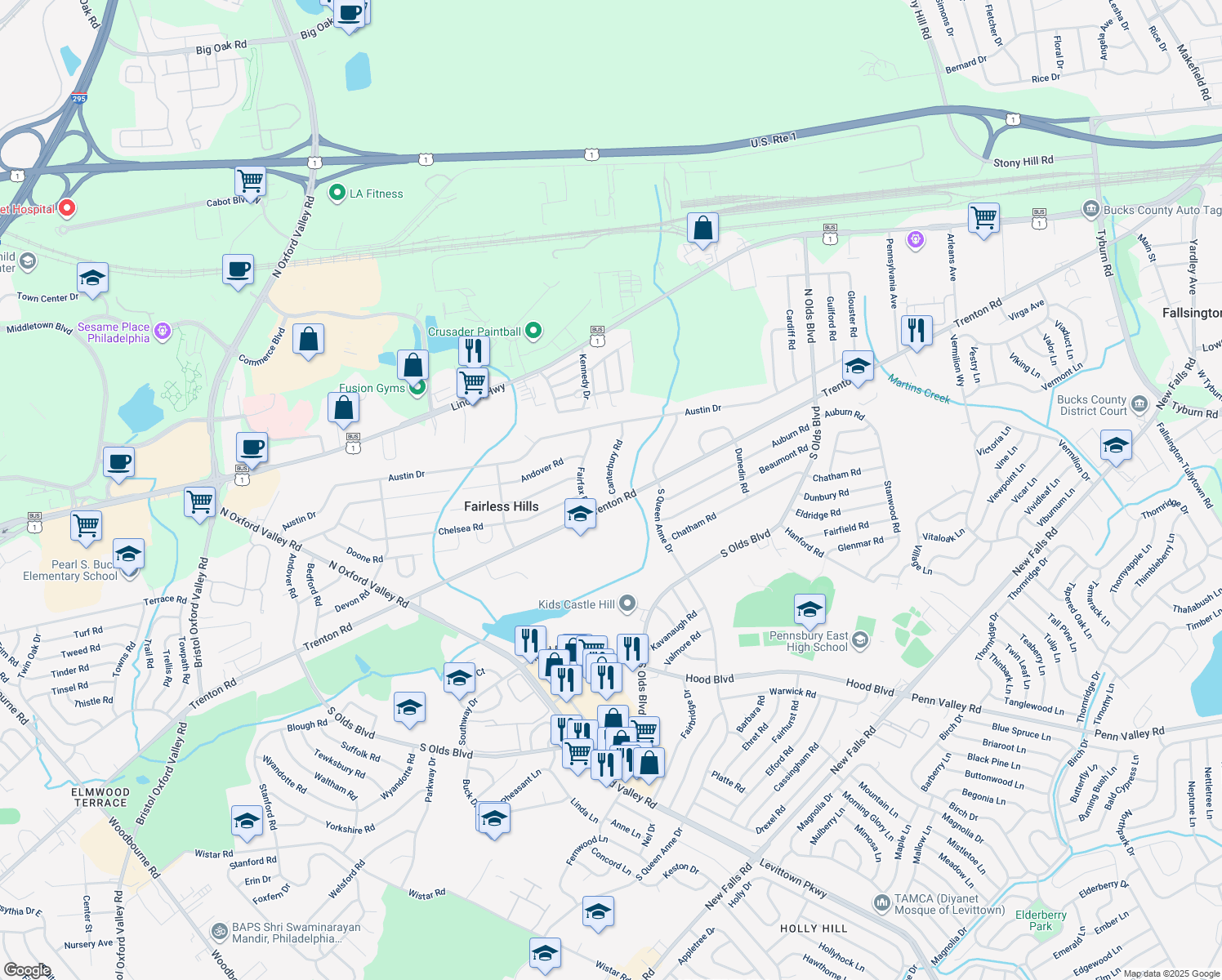 map of restaurants, bars, coffee shops, grocery stores, and more near 113 Canterbury Road in Fairless Hills