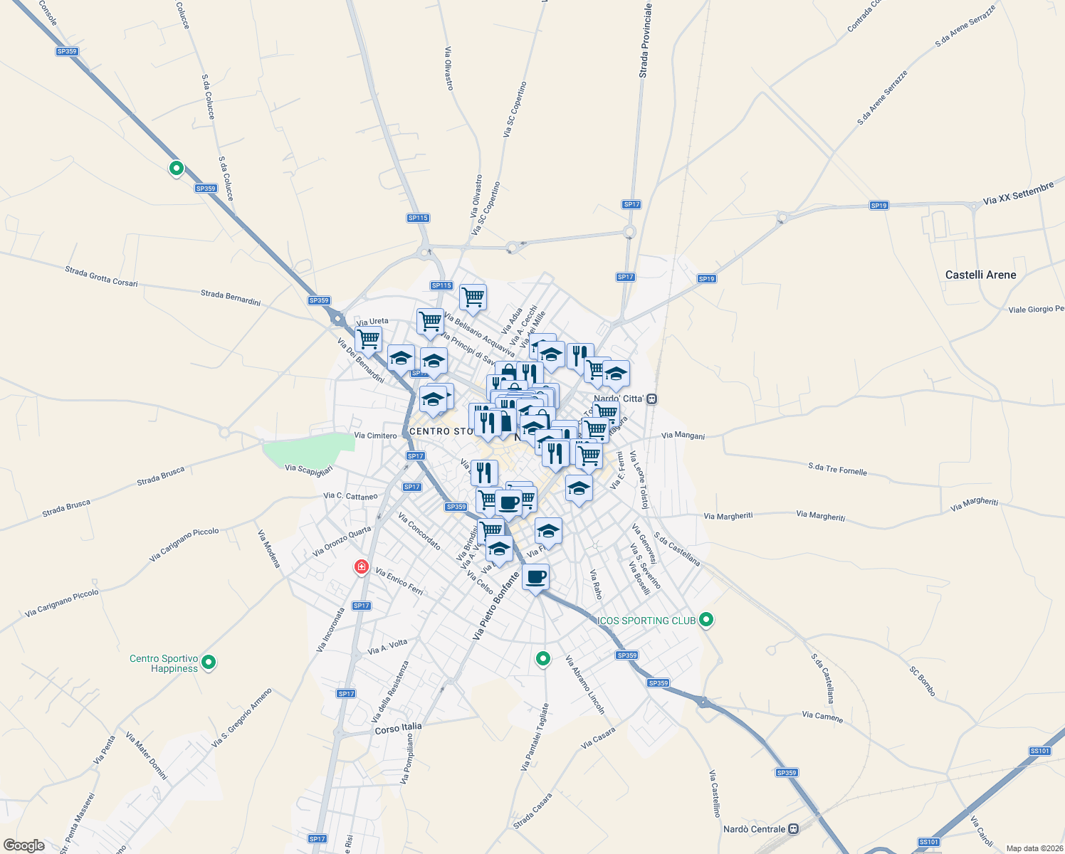 map of restaurants, bars, coffee shops, grocery stores, and more near in Nardò