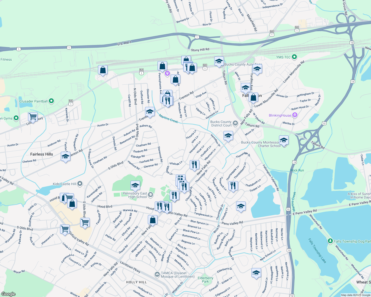 map of restaurants, bars, coffee shops, grocery stores, and more near 96 Vermillion Dr in Levittown