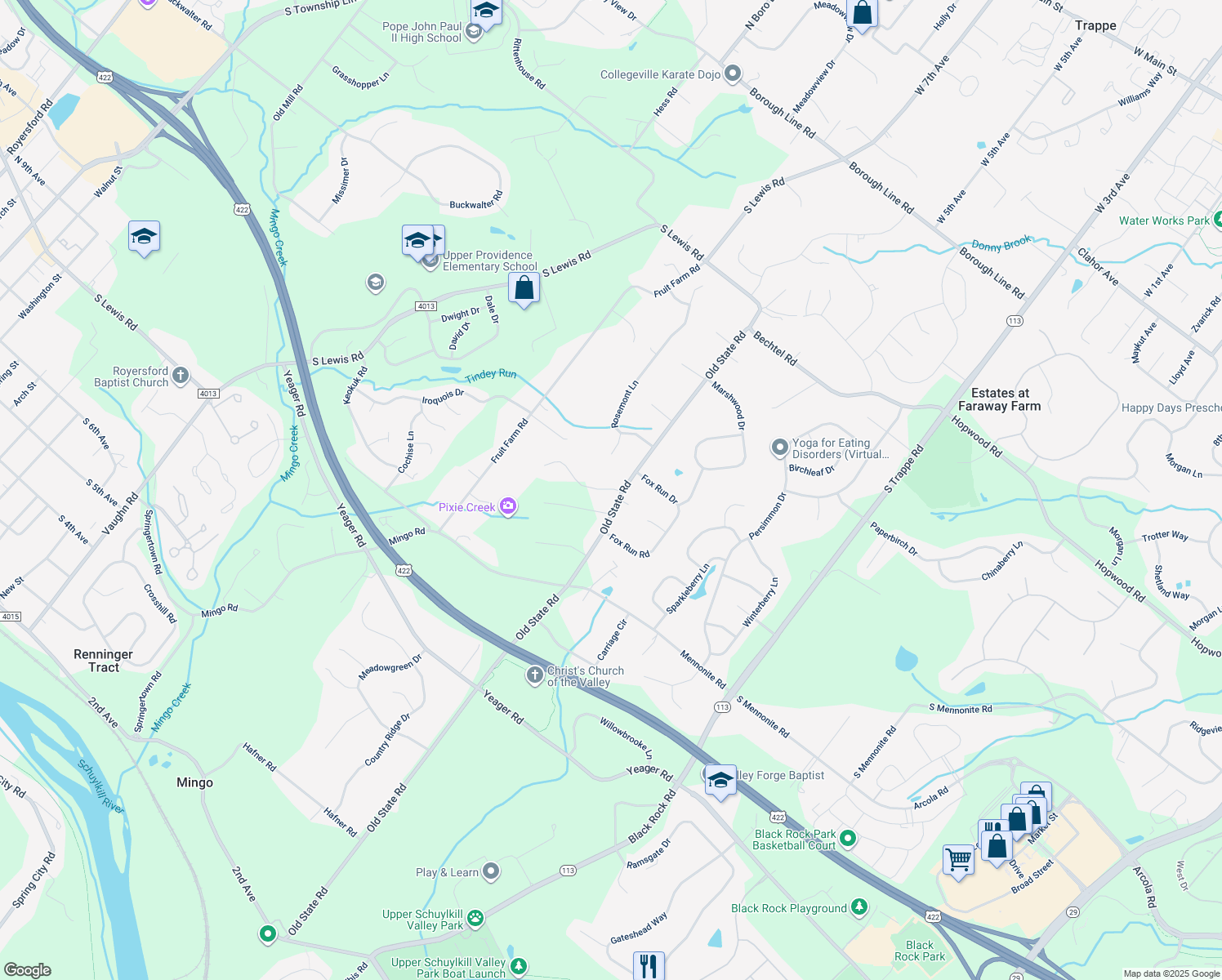 map of restaurants, bars, coffee shops, grocery stores, and more near 4 Hawkeye Drive in Royersford