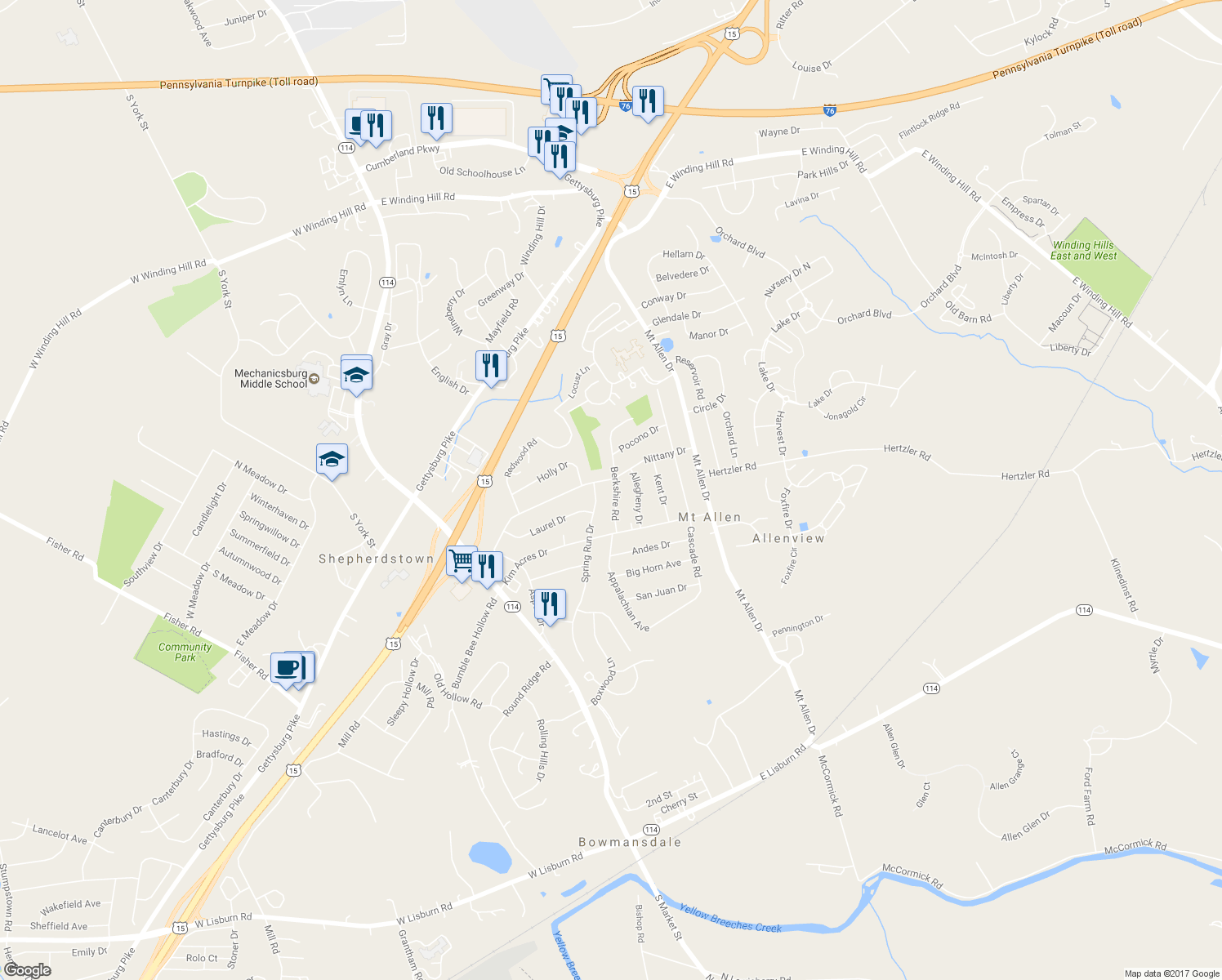map of restaurants, bars, coffee shops, grocery stores, and more near 402 Berkshire Road in Mechanicsburg