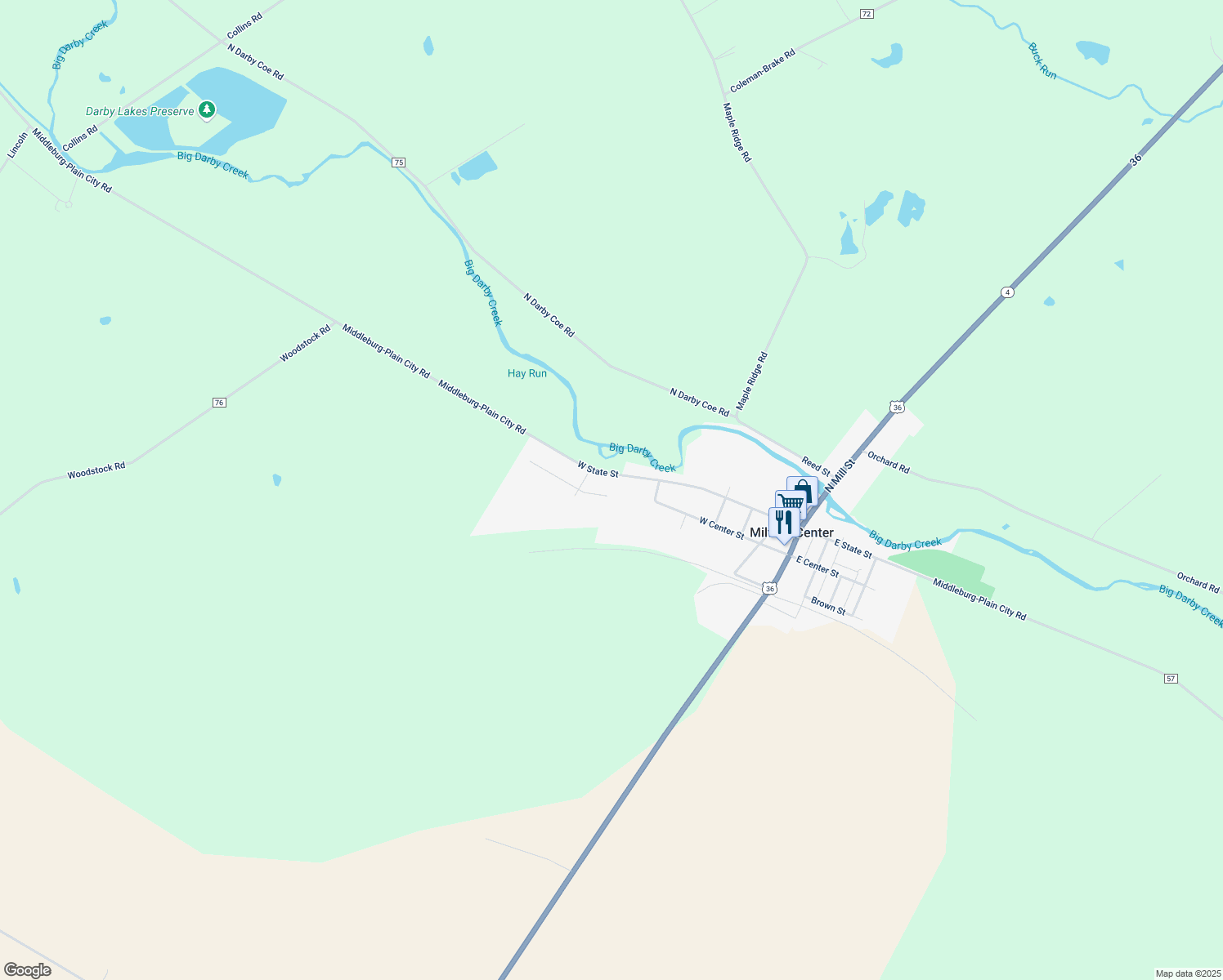 map of restaurants, bars, coffee shops, grocery stores, and more near 16 Greenfield Dr in Milford Center