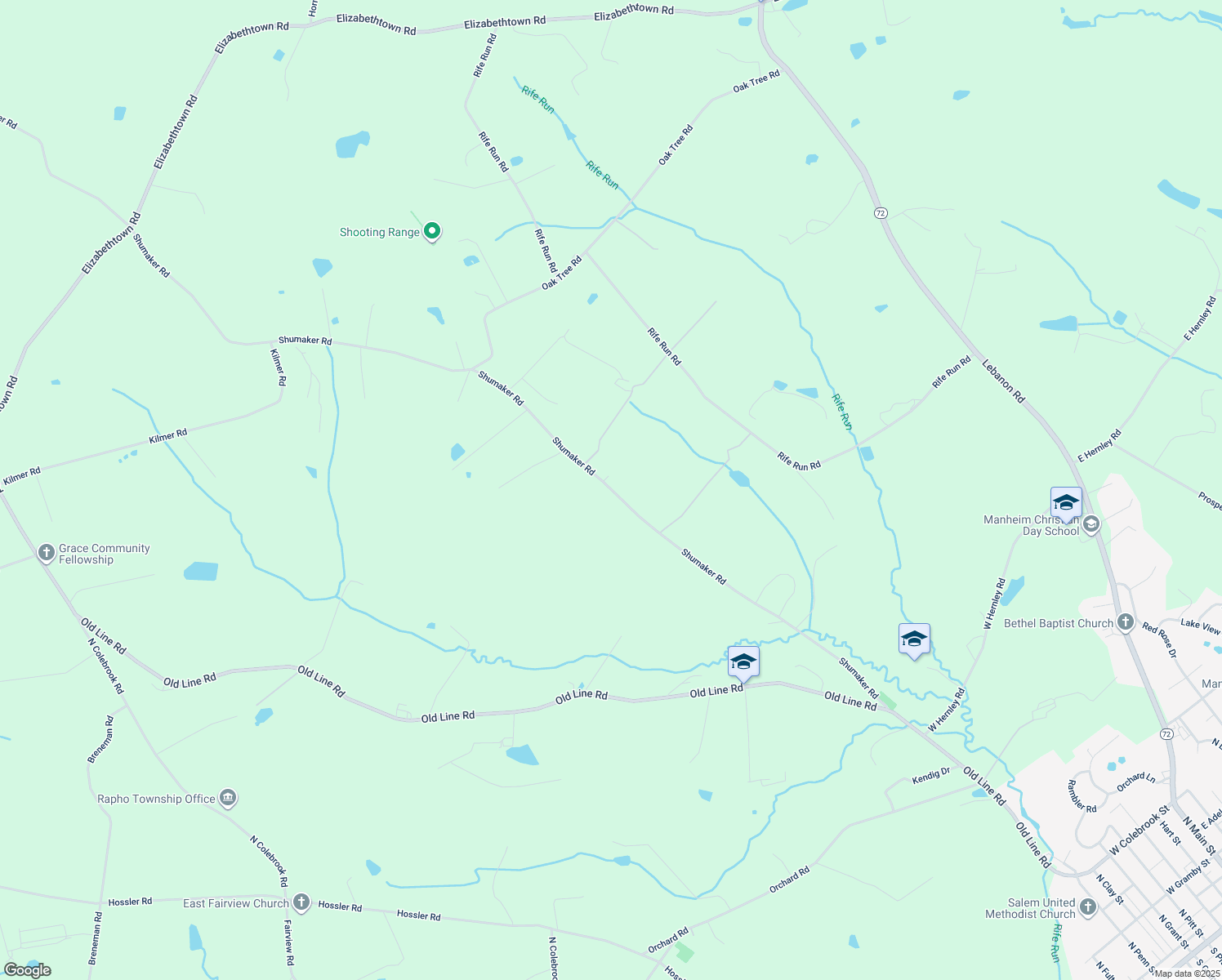 map of restaurants, bars, coffee shops, grocery stores, and more near 1455 Shumaker Road in Manheim