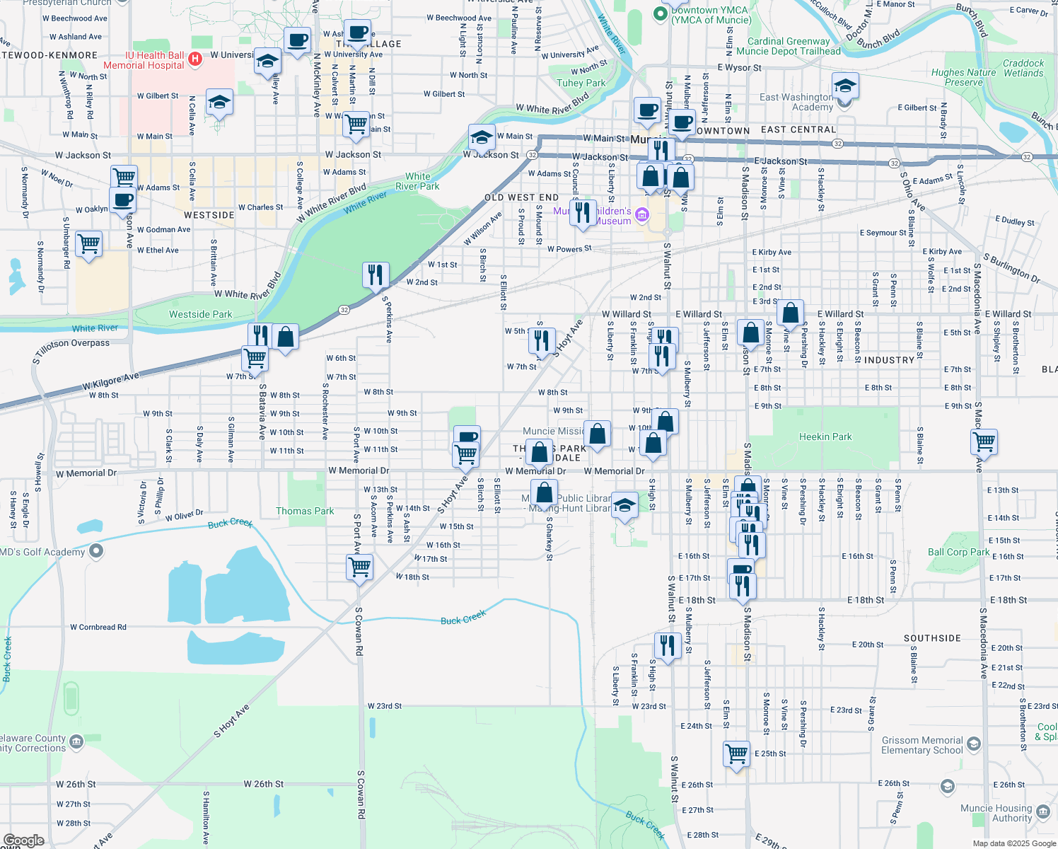 map of restaurants, bars, coffee shops, grocery stores, and more near 808 W 10th St in Muncie