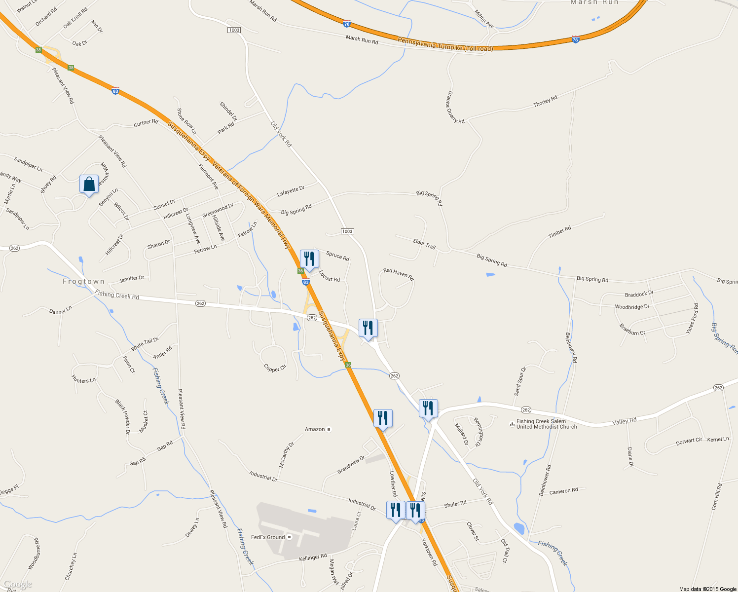 map of restaurants, bars, coffee shops, grocery stores, and more near 529 Old York Road in New Cumberland